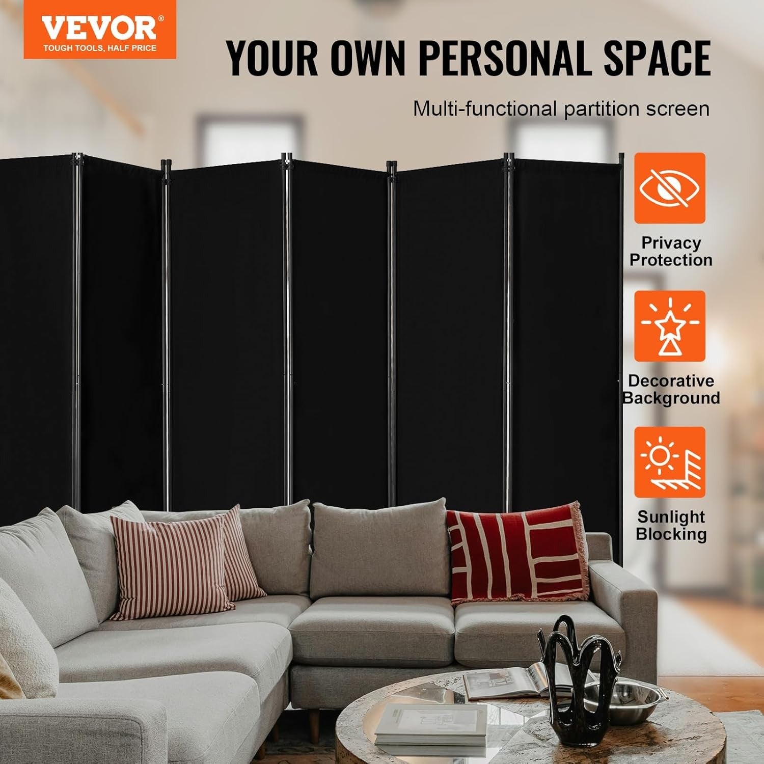6 Panel Folding Room Divider Black Privacy Screen Freestanding 317x181cm