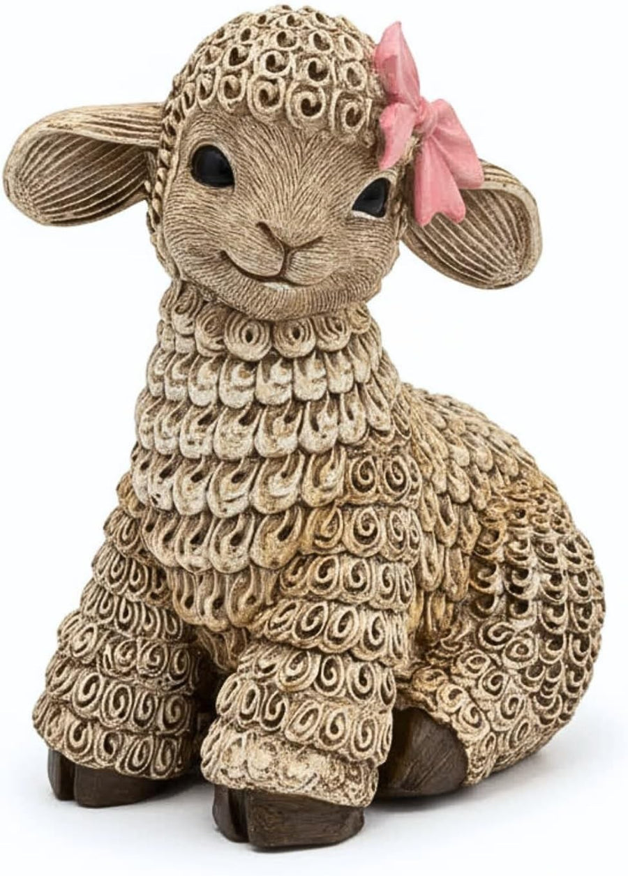 Rustic Resin Lamb Ornament Pink Bow Cottage Farmhouse Décor 18cm Cute Gift
