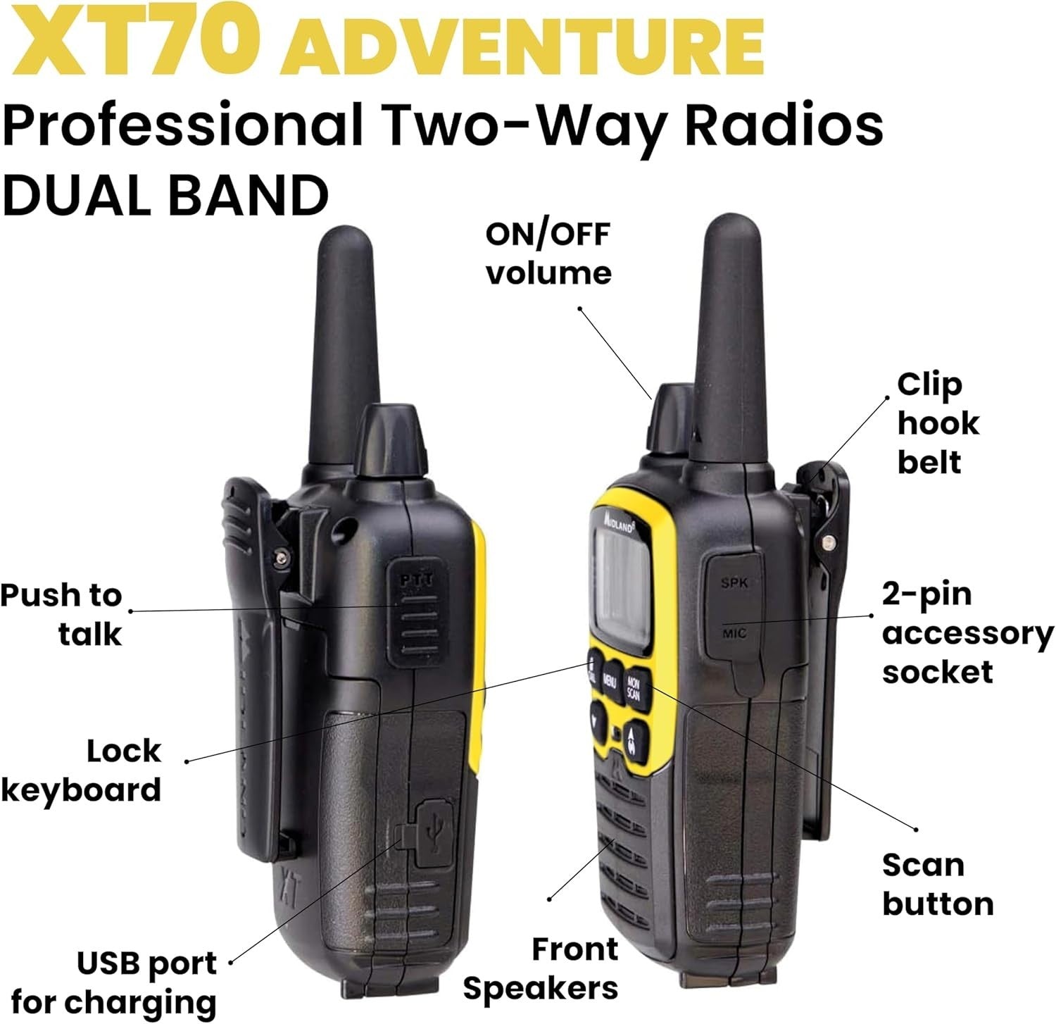 Professional Walkie Talkies 12km Dual Band Fast Charge 2 Pack Yellow