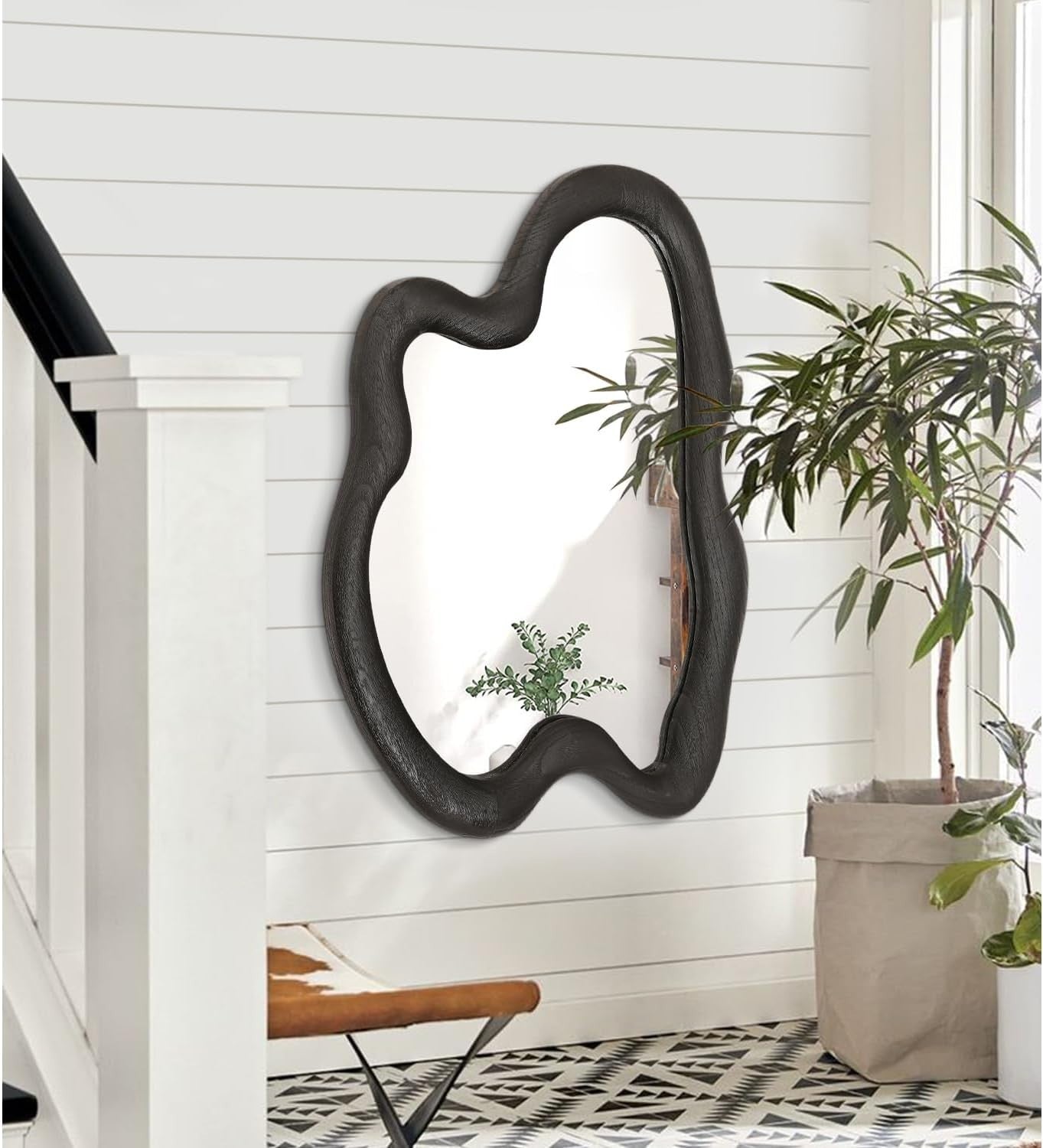 Large 80x60cm Black Irregular Wall Mirror Modern Asymmetrical Wood Frame