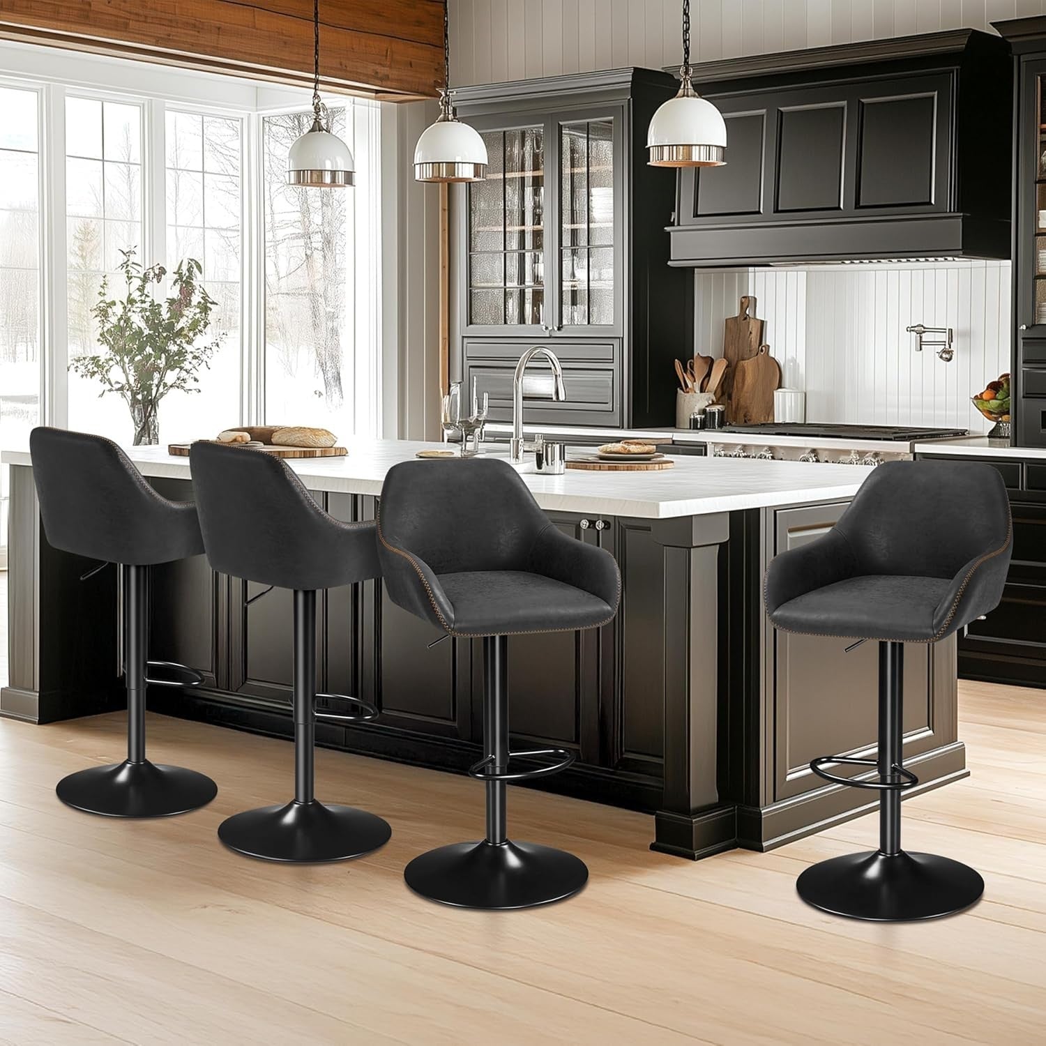 Adjustable Black Leather Bar Stools Set of 2 Swivel Counter Chairs
