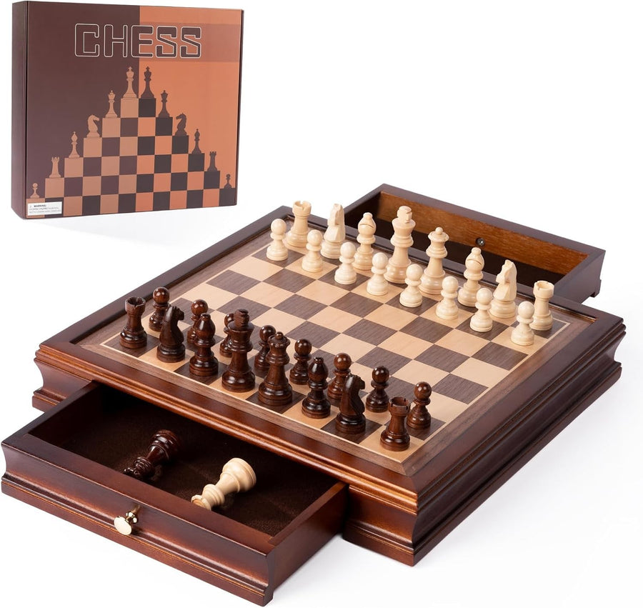 12.8" Magnetic Wooden Chess Set with Storage Drawers Luxury Board Game