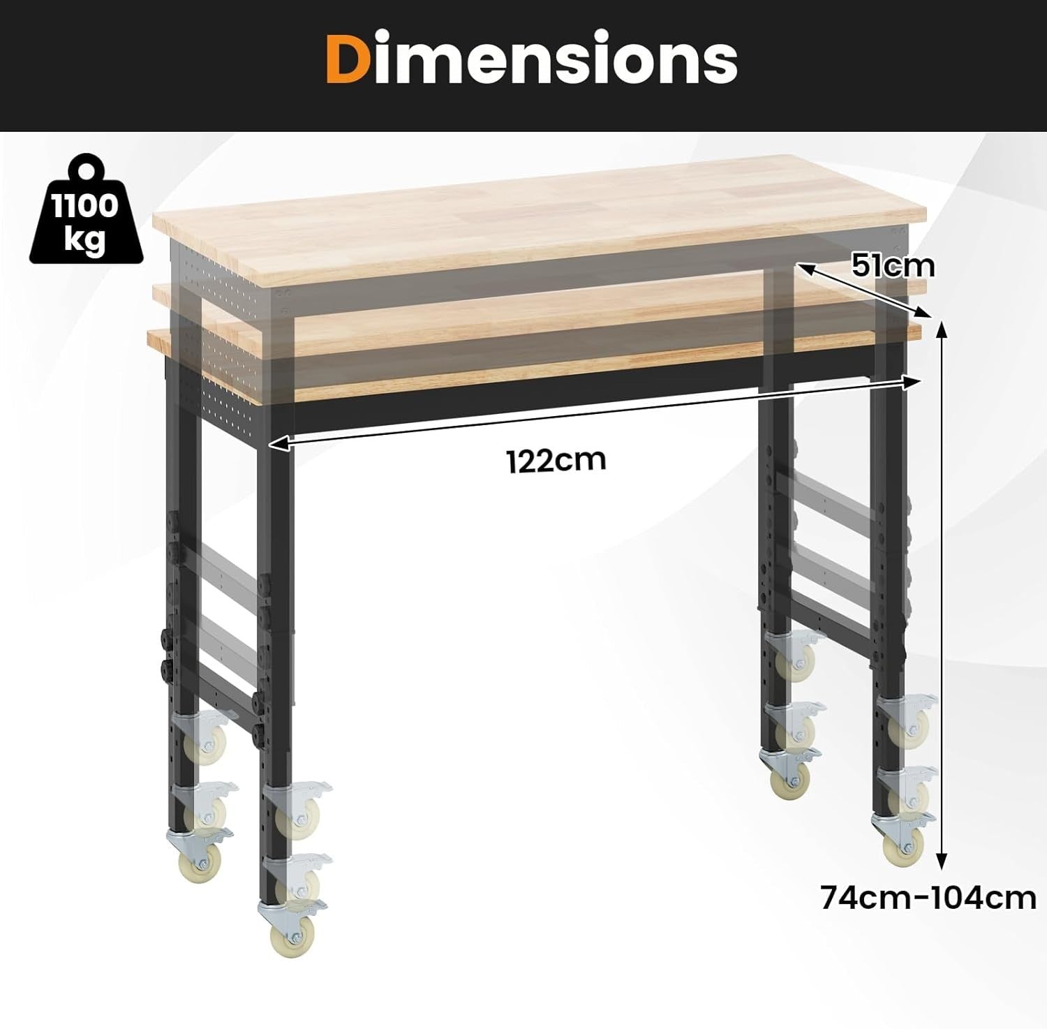 Height Adjustable Workbench 122x51cm Rolling Table 4-Level Rubberwood Top