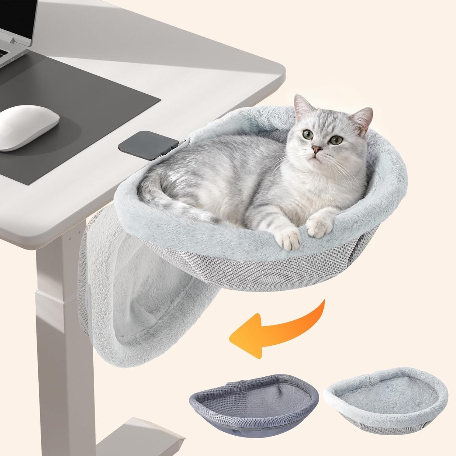 Adjustable Cat Desk Bed Faux Fur Clamp On Kitty Hammock Light Gray