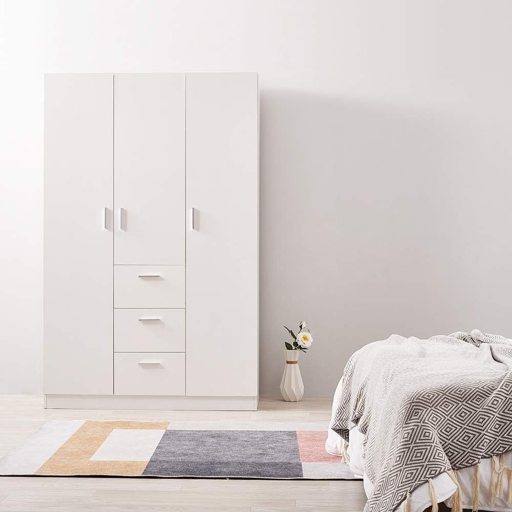 White 3 Door Wardrobe with 3 Drawers Solid Pine Wood Bedroom Storage