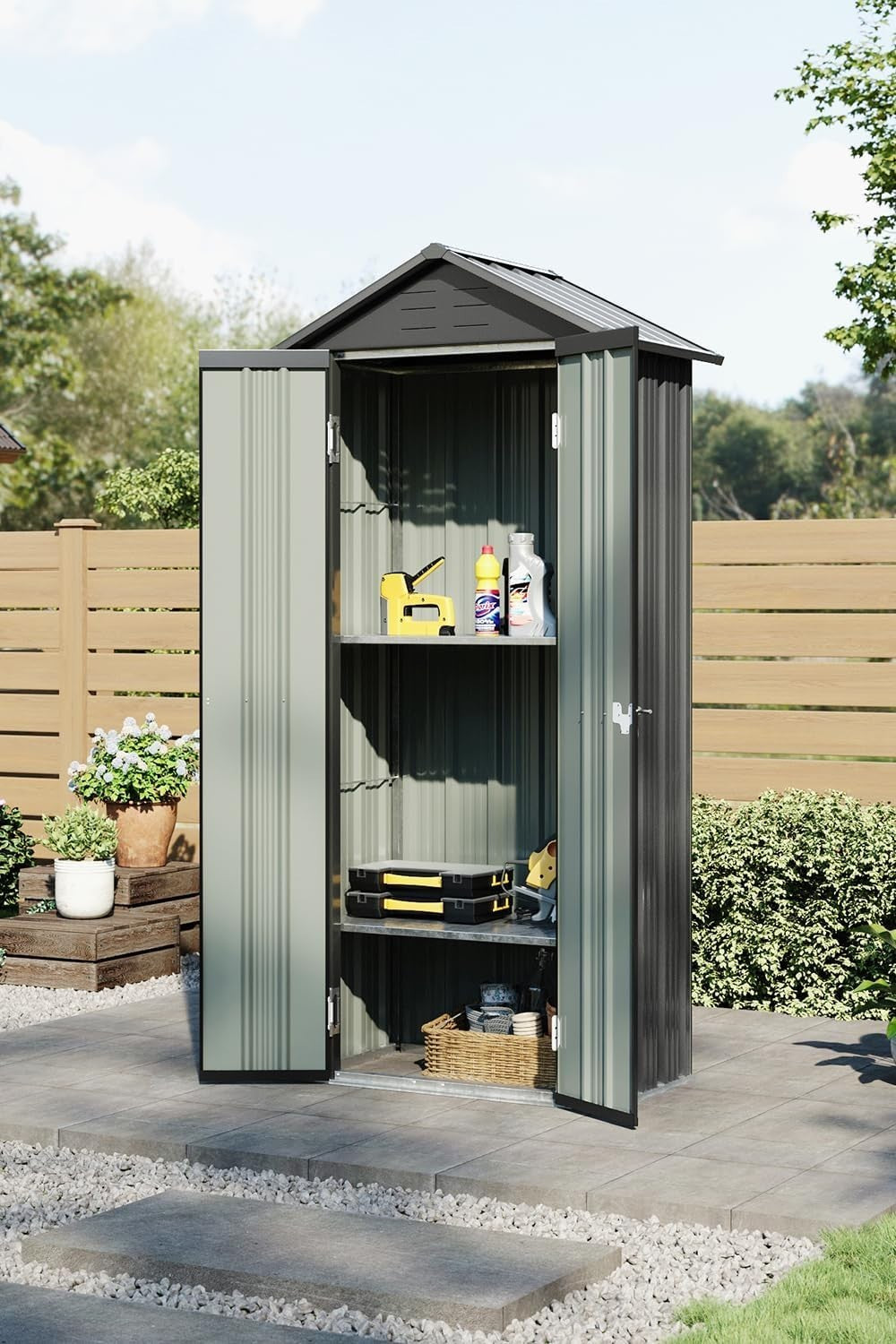 Metal Garden Shed 85x58x178cm Grey Lockable Outdoor Storage Tools