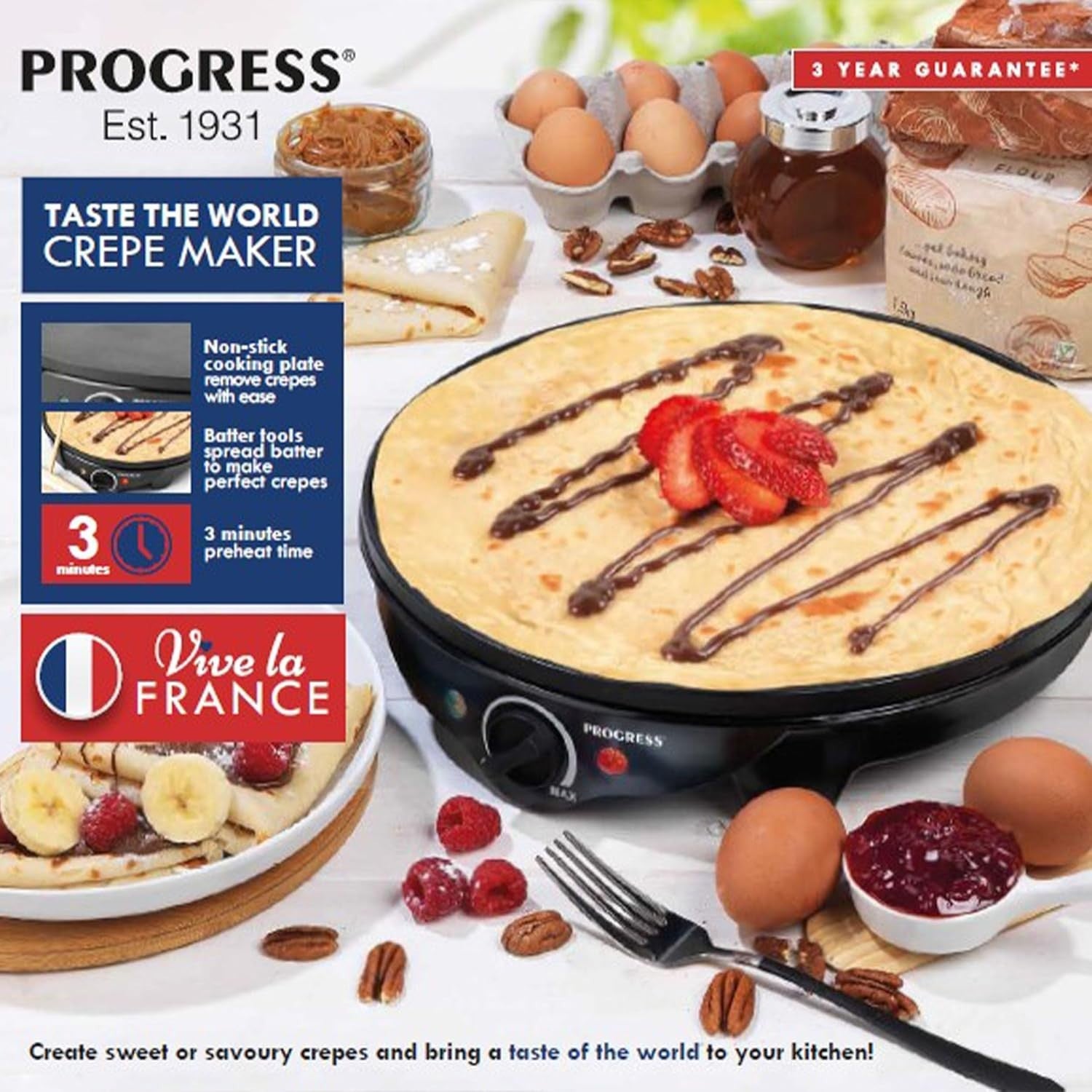 Electric Crepe Maker 30cm Non-Stick Plate 3 Min Heat Up Adjustable Temp + Tool