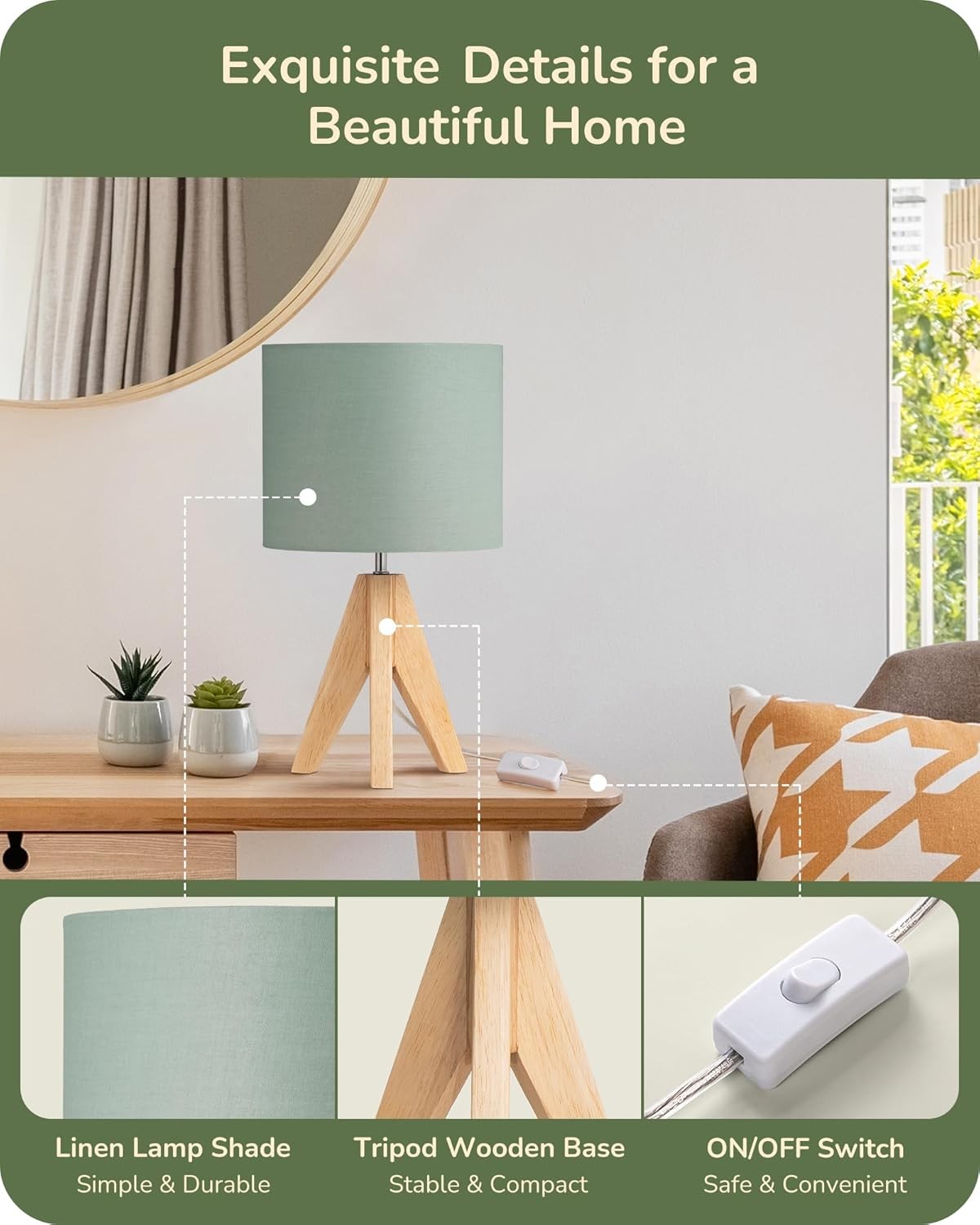 Tripod Bedside Table Lamp Green Linen Shade Wooden Base Modern Desk Light 36cm