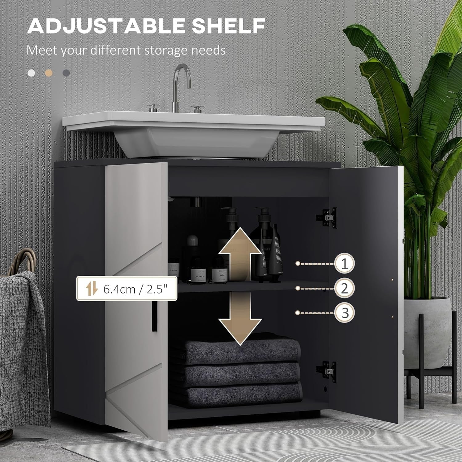 Modern Under Sink Bathroom Cabinet Grey Storage Unit 2 Door Shelf 60x60cm