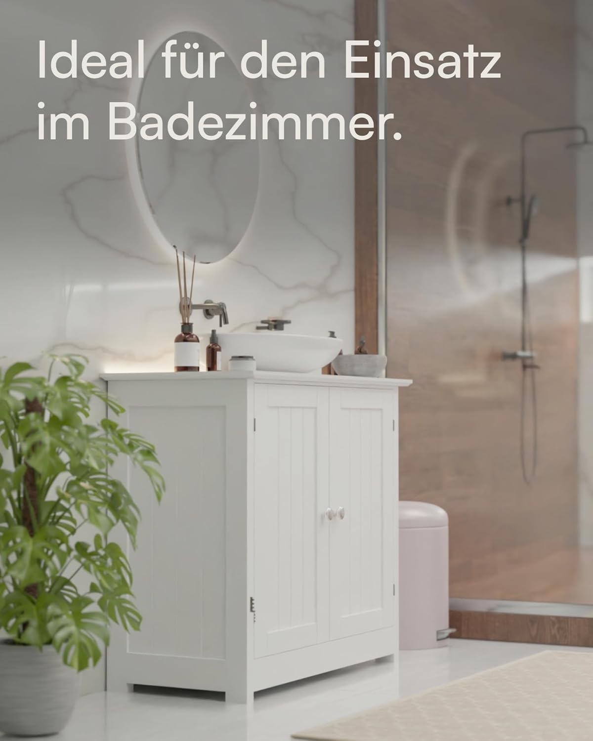 Rustic White Under Sink Bathroom Cabinet with Double Doors & Storage Shelf