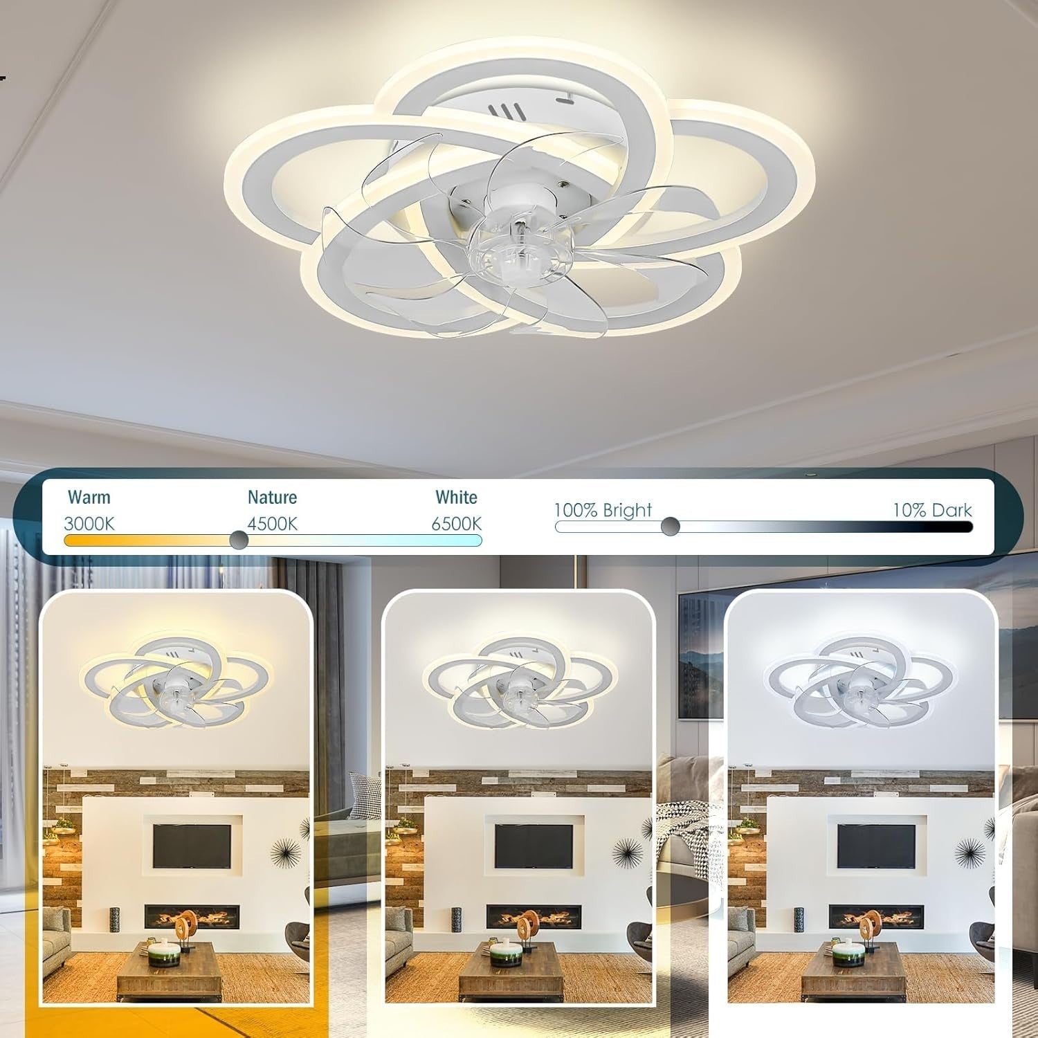 Ceiling Fan with Light, 6 Speeds, Dimmable, Remote, 50 cm White