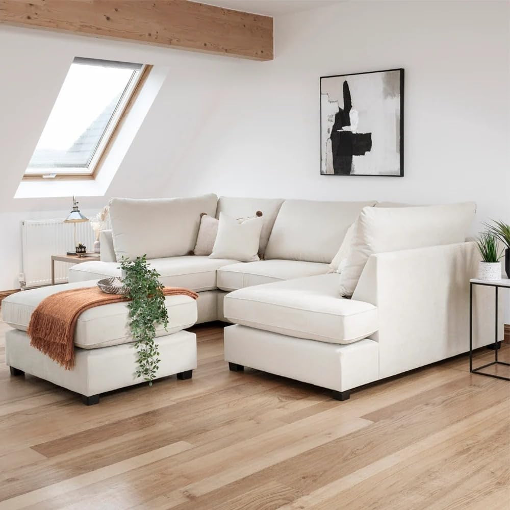 Cream Velvet U-Shaped Modular 5 Seater Sofa - Cinema Corner + Footstool