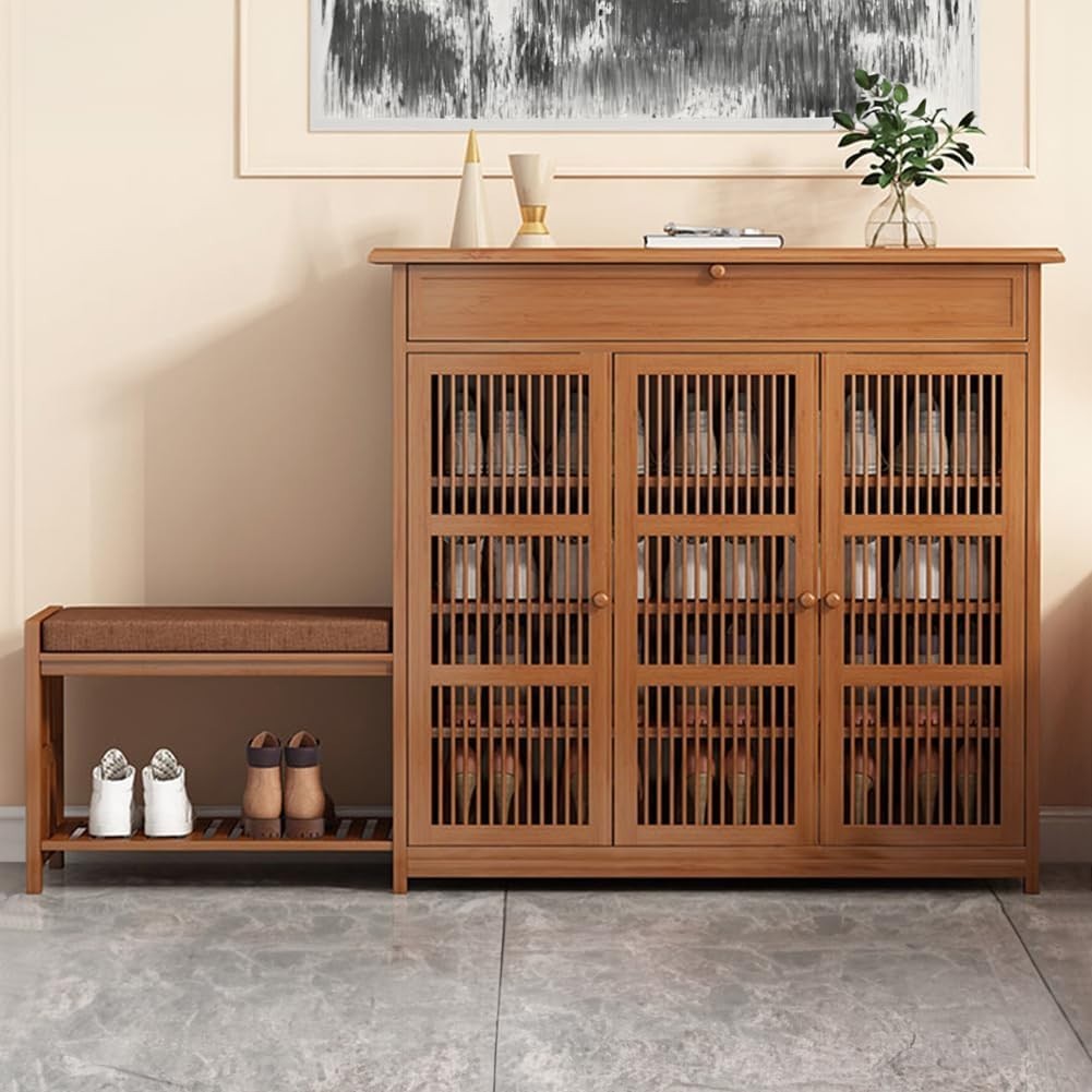 Shoe Storage Bench with Cushion & Drawer 4-Tier Adjustable Shelves 99x33x99cm