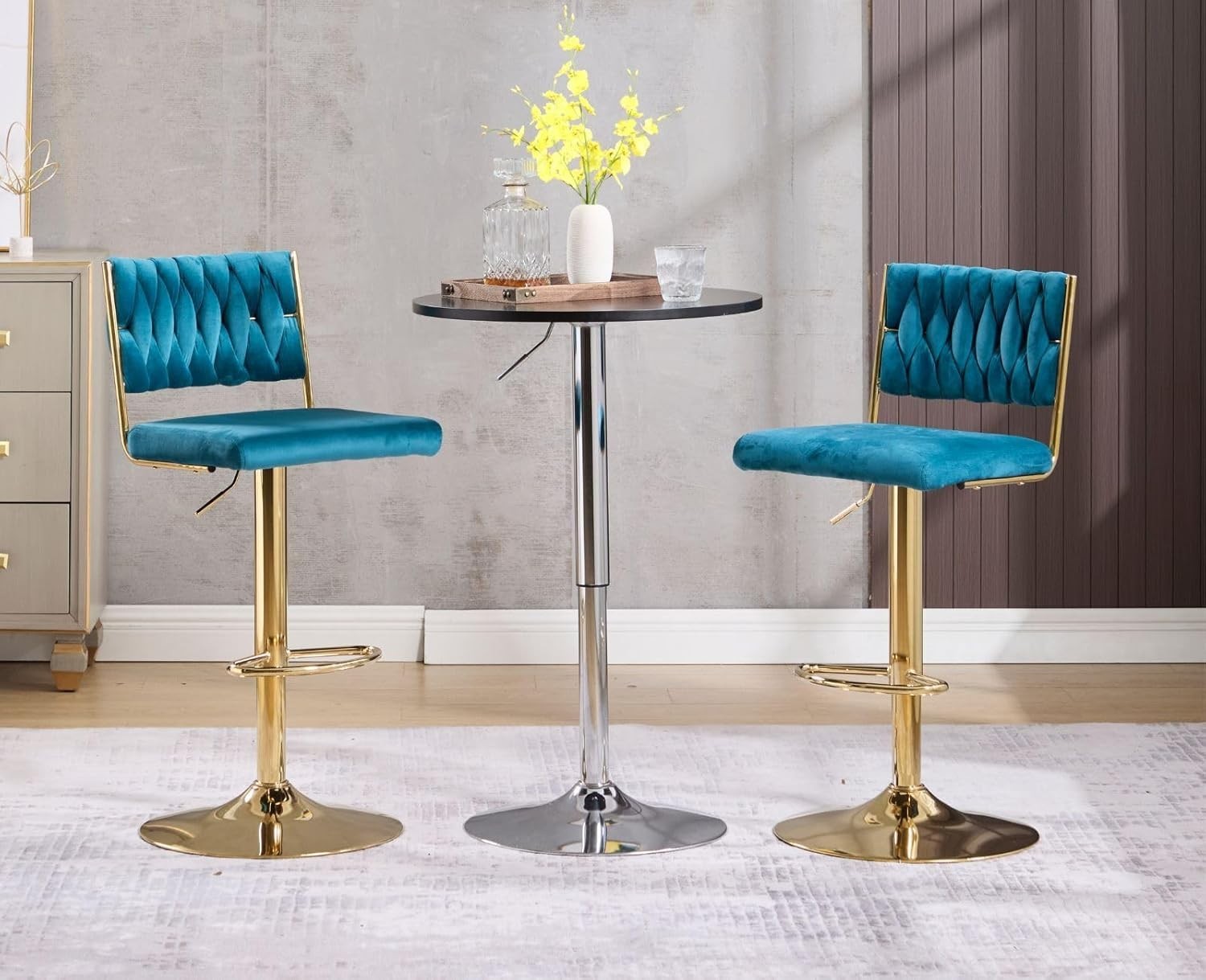 Adjustable Velvet Bar Stools Set of 2 Teal Swivel Counter Chairs