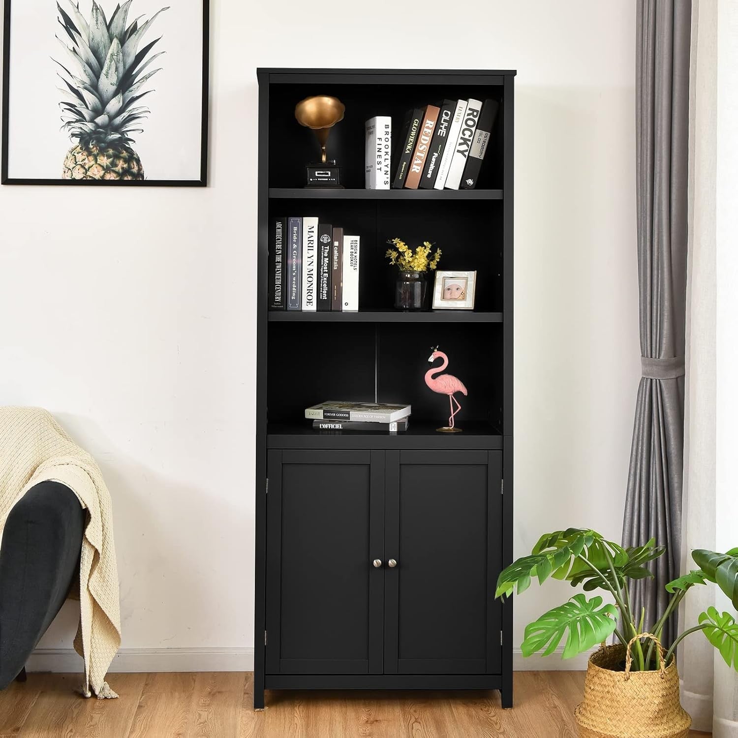 Tall Black 5-Tier Storage Cabinet with Doors, Adjustable Shelves, Freestanding