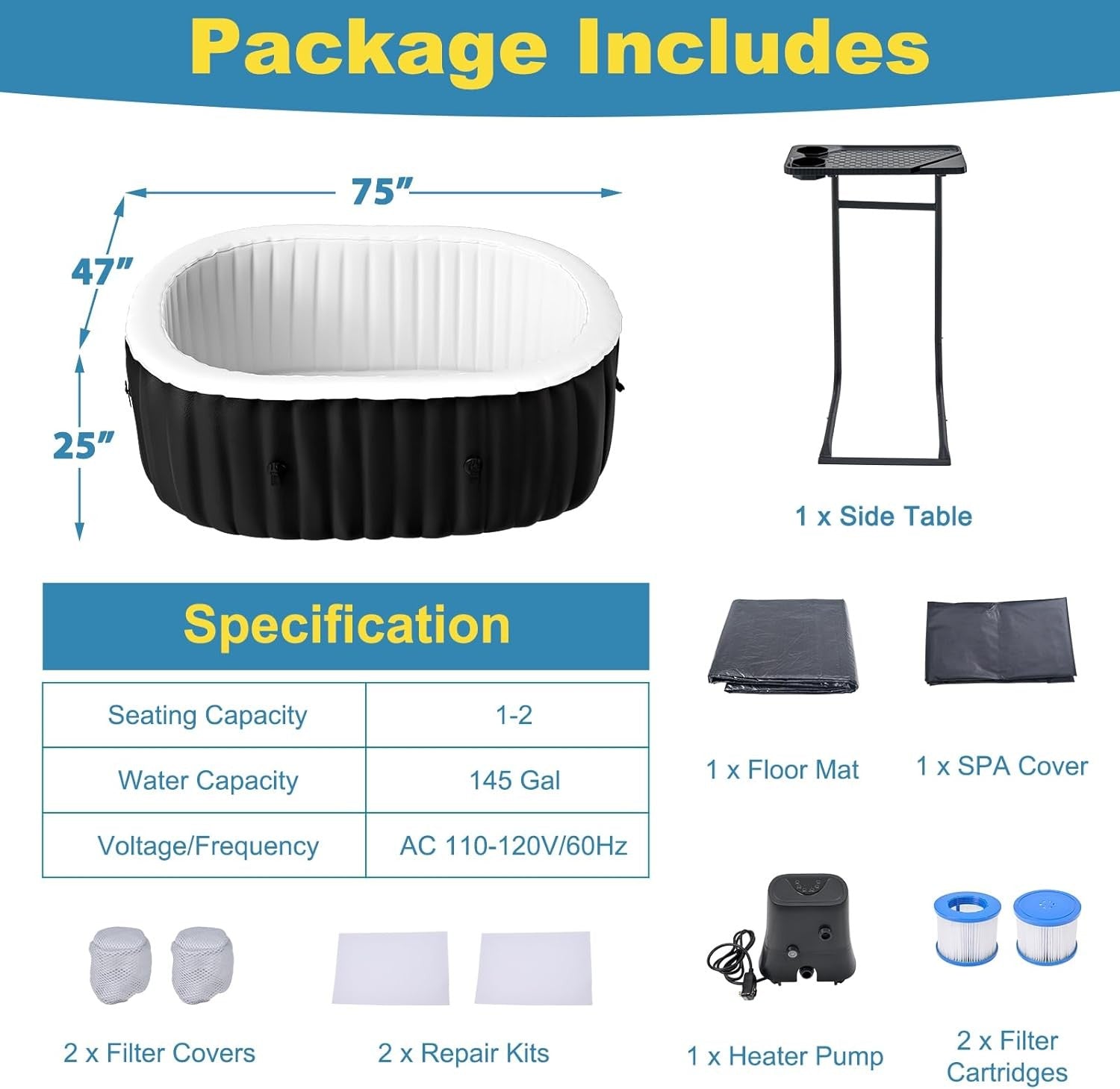 Inflatable Hot Tub Spa Heated Portable 2 Person Oval Indoor Outdoor
