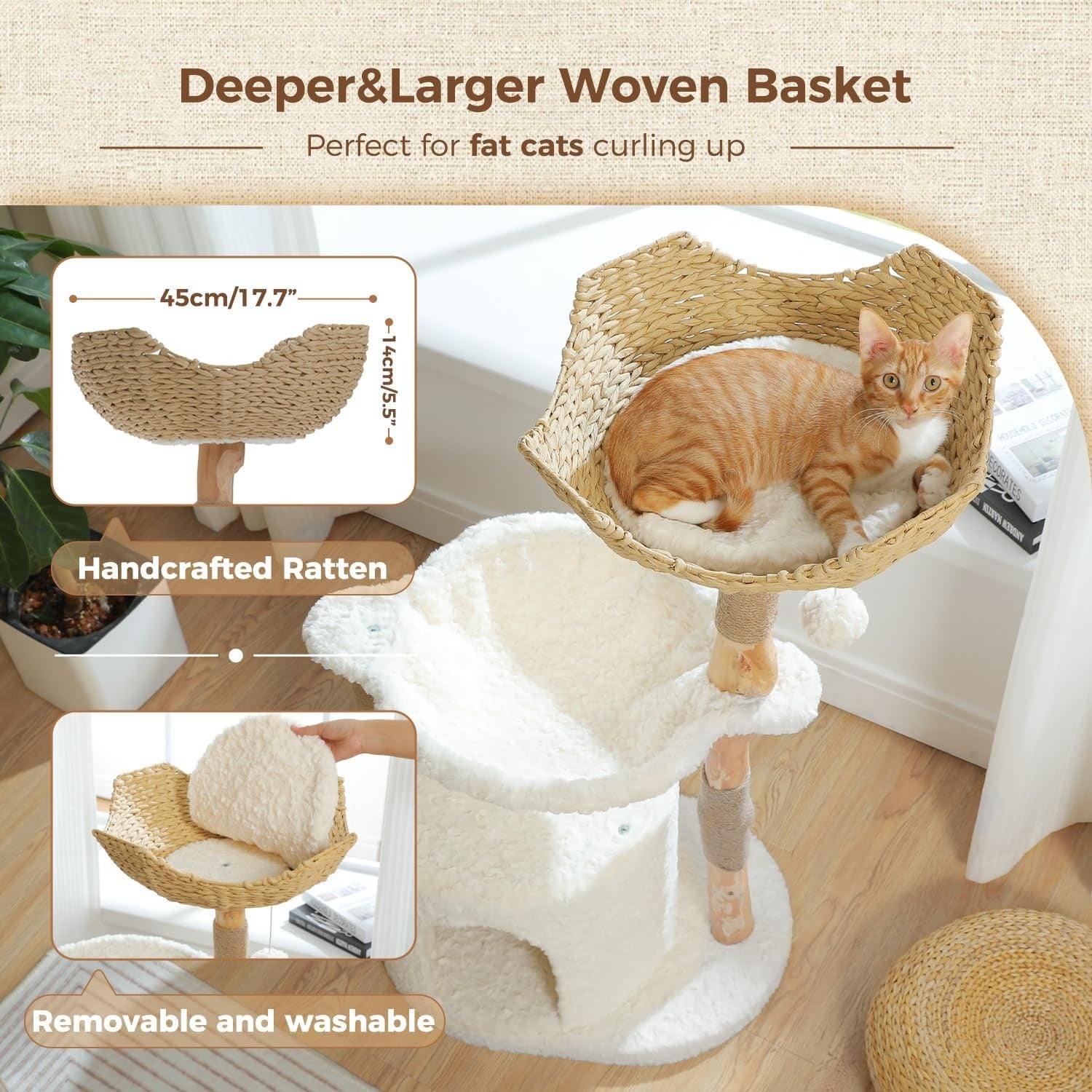 Modern Cat Tree 102cm Solid Wood Scratching Wicker Basket Condo Indoor