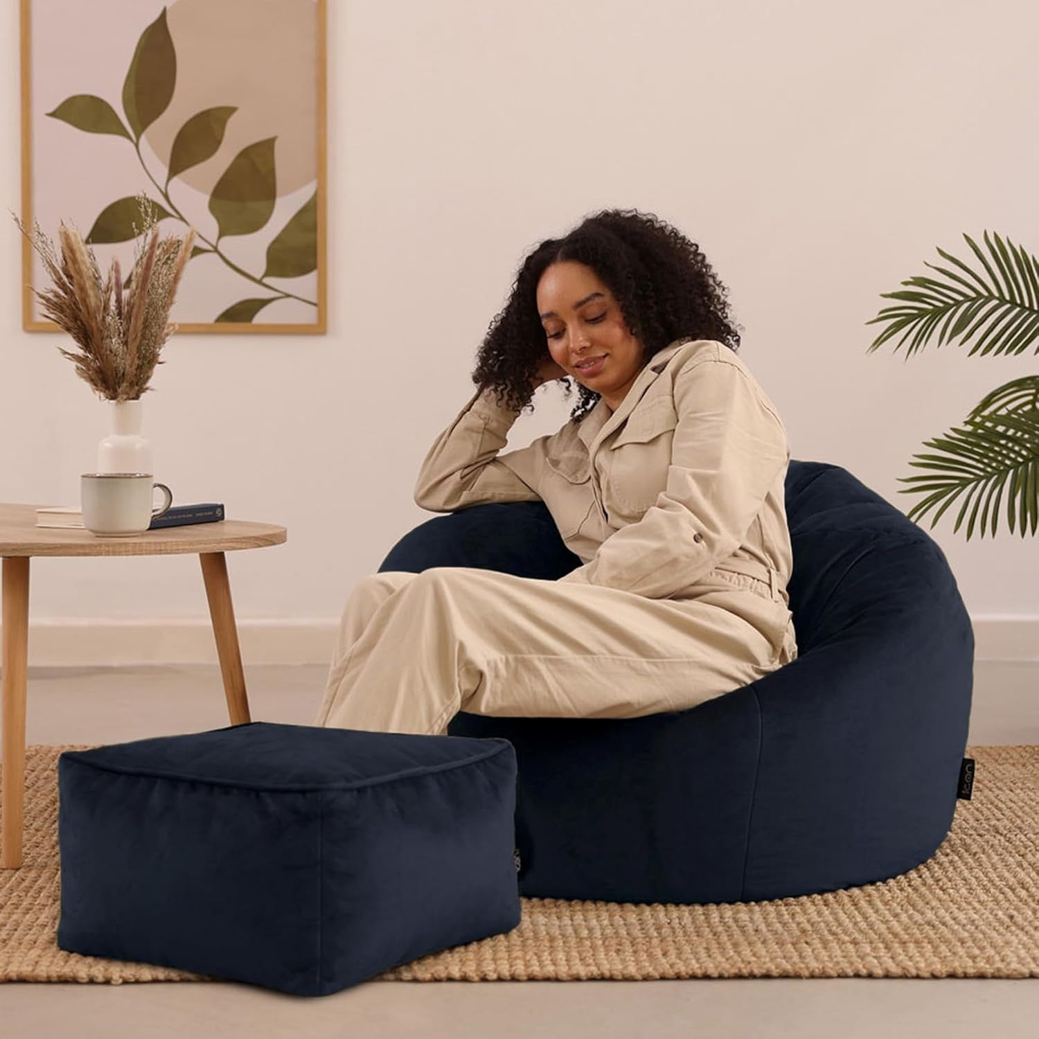 Luxury Velvet Bean Bag Chair w/ Footstool Adult Size Seat for Lounge