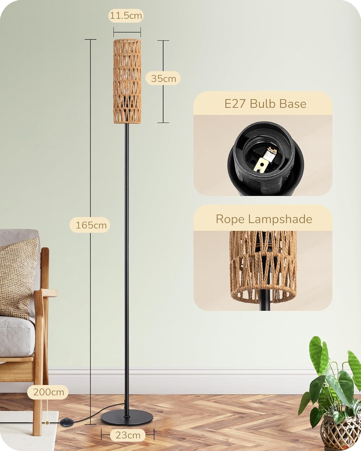 Rattan Floor Lamp Natural Boho Standing Light 165cm E27 LED Warm Glow