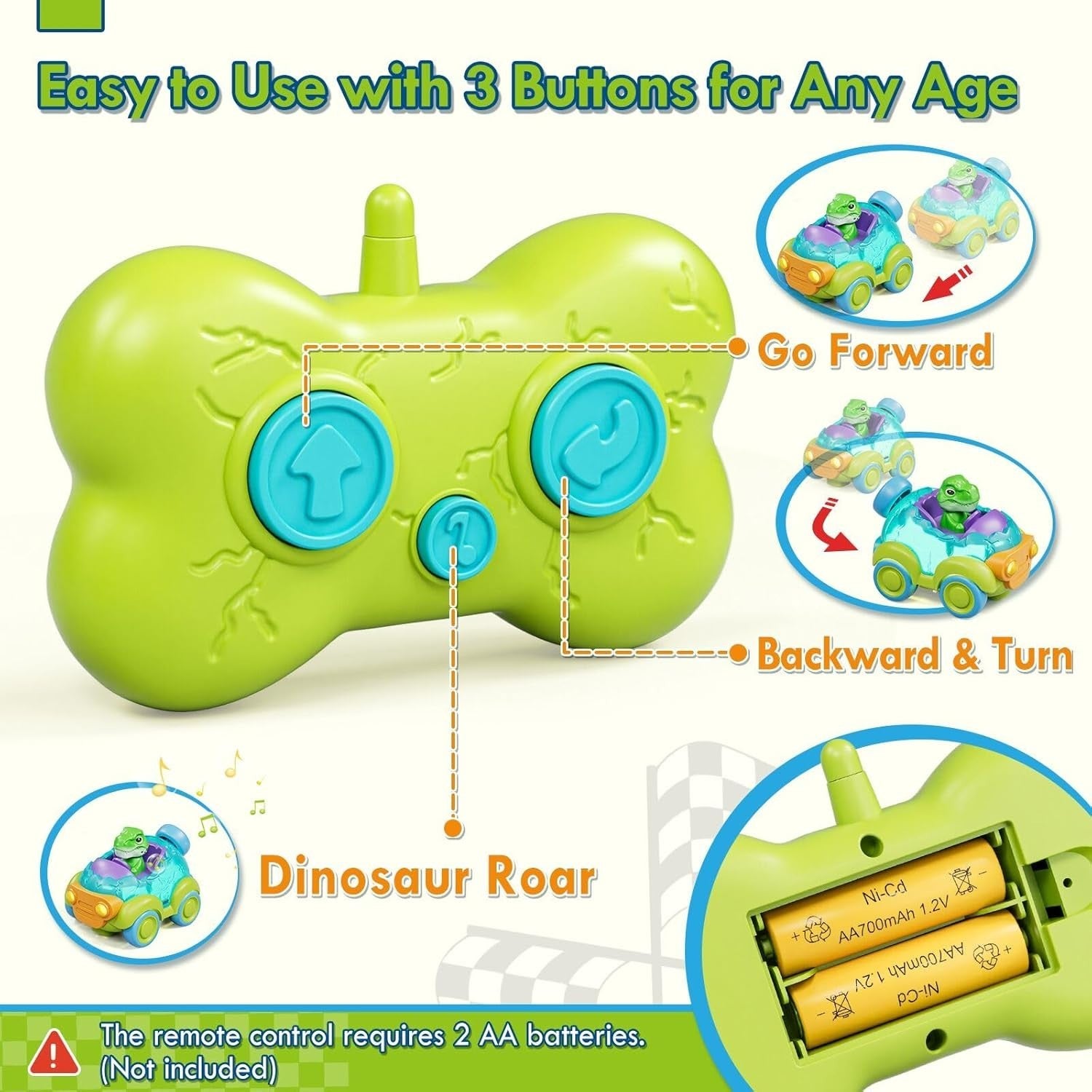 Dinosaur RC Car Toy for Toddlers 1–3 Remote Control Lights Music Gift Boys Girls