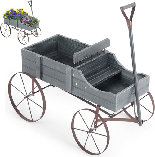 4-Wheel Wooden Garden Wagon & Grey Planter Cart w/ Handle for Outdoor Plants