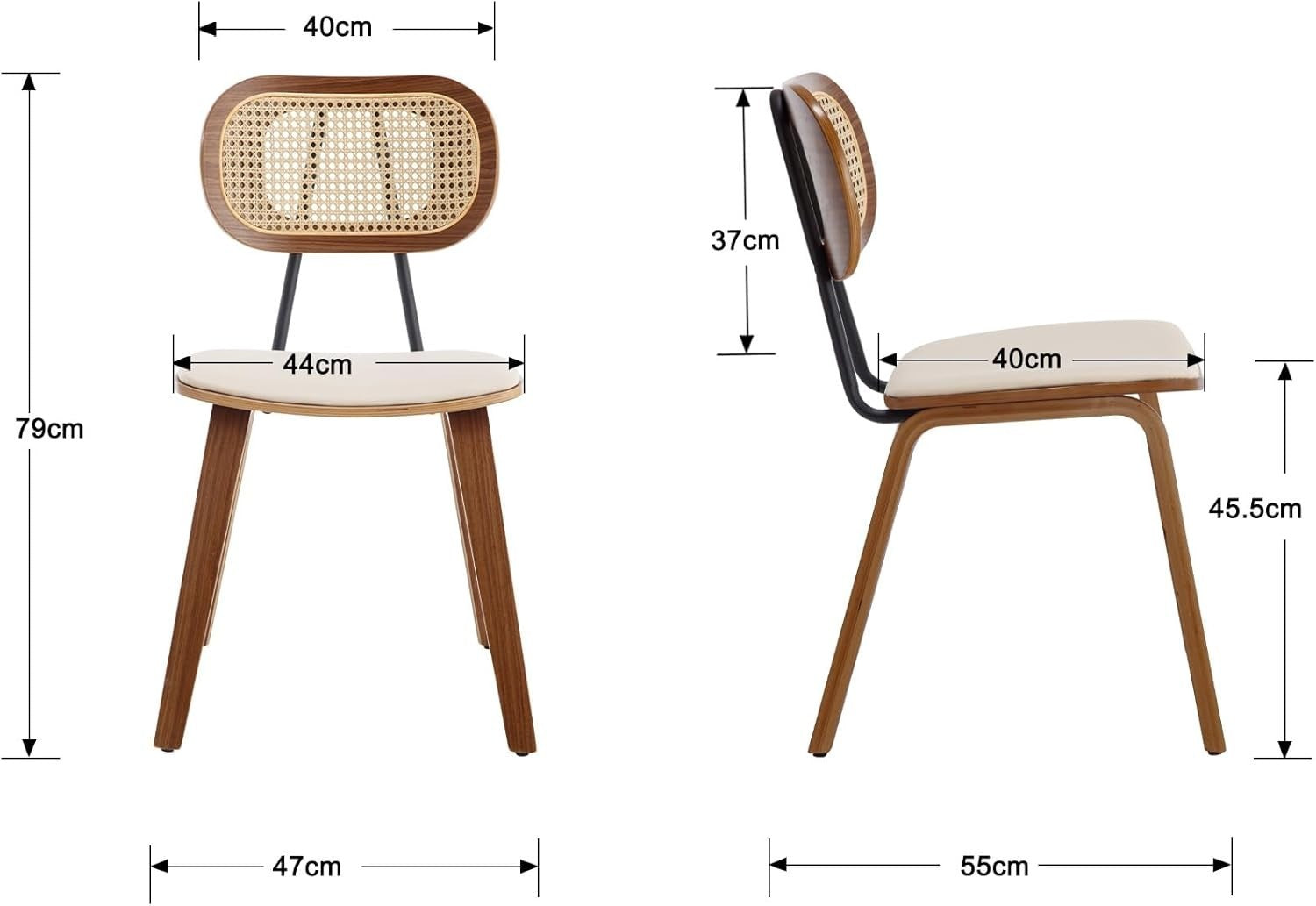 Rattan Dining Chairs Set of 2 Mid Century Wooden Legs Kitchen Dining Seats