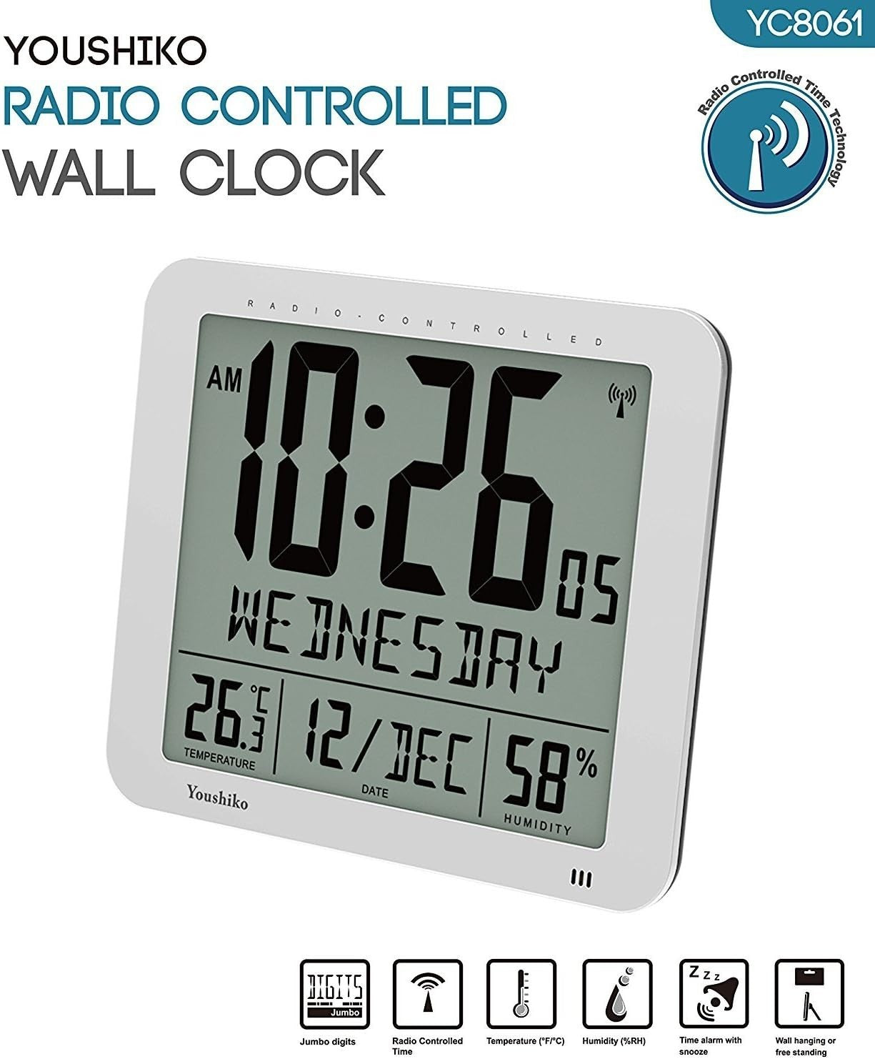Jumbo Radio Controlled Wall Clock Large LCD Display Temp Humidity Silver