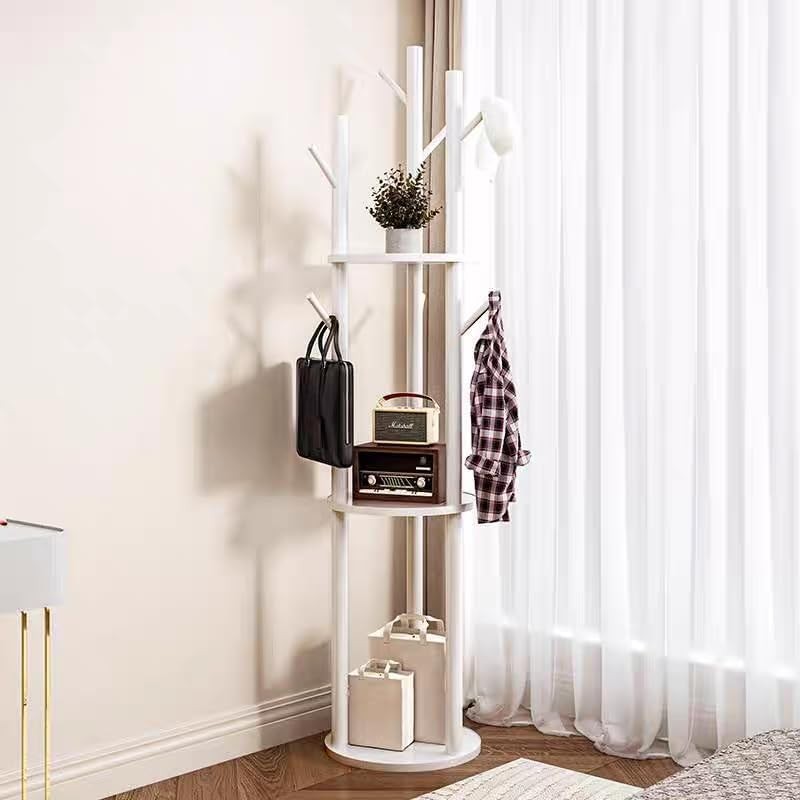 360° Rotating White Wooden Coat Rack Stand with Shelf Solid Wood Hall Tree