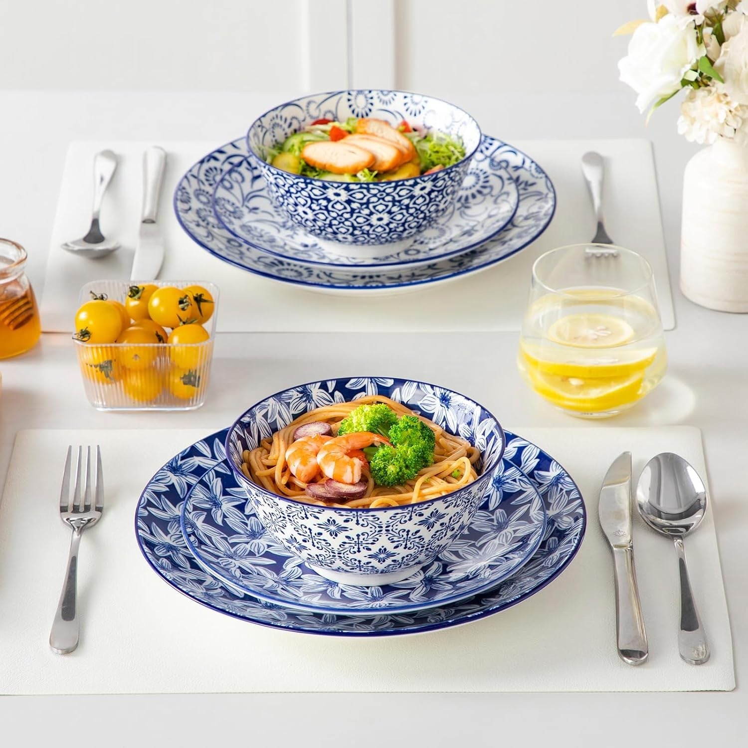 Set of 6 Vintage Blue White Ceramic Bowls 24oz Salad Cereal Pasta