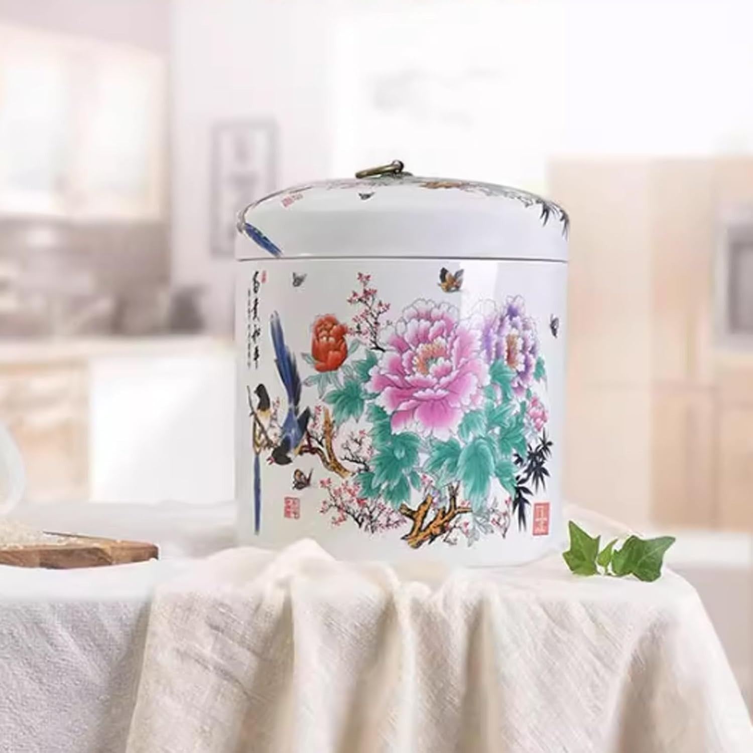 10KG Ceramic Rice Storage Container with Lid Chinese Style Grain Jar