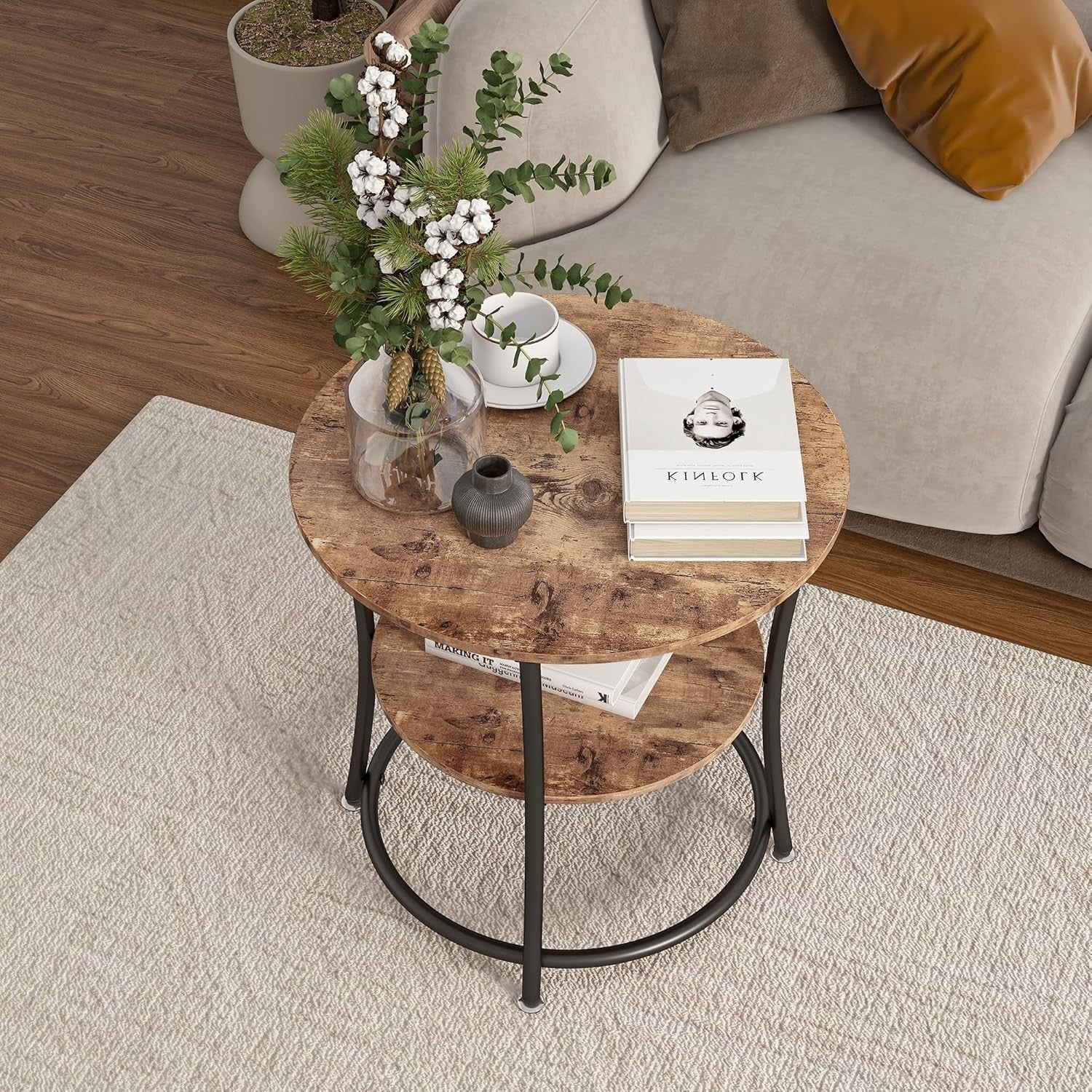 Round 2-Tier Rustic Brown Side Table, 55cm Coffee Table with Storage Shelf