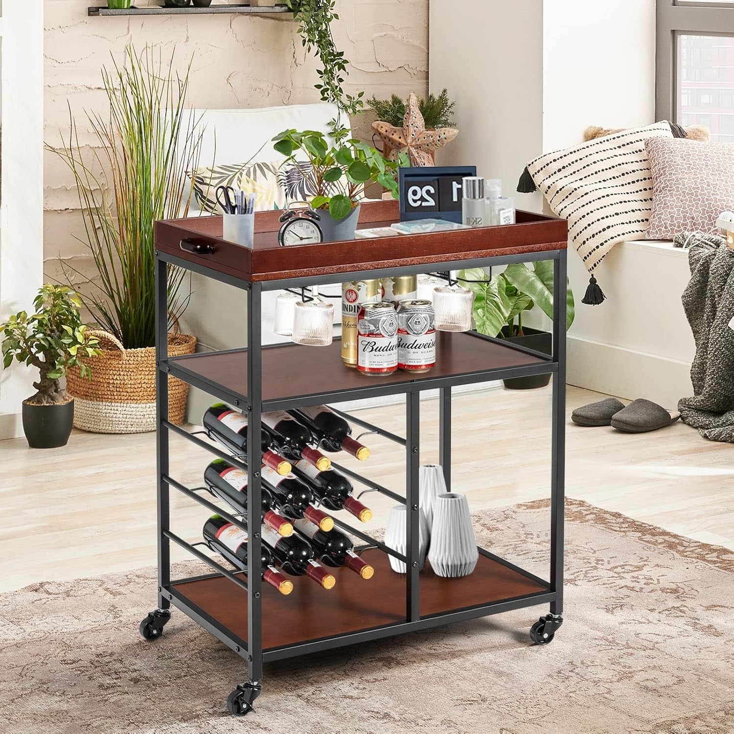 Kitchen Serving Trolley on Wheels Bar Cart Wine Rack Glass Holders 3 Tier