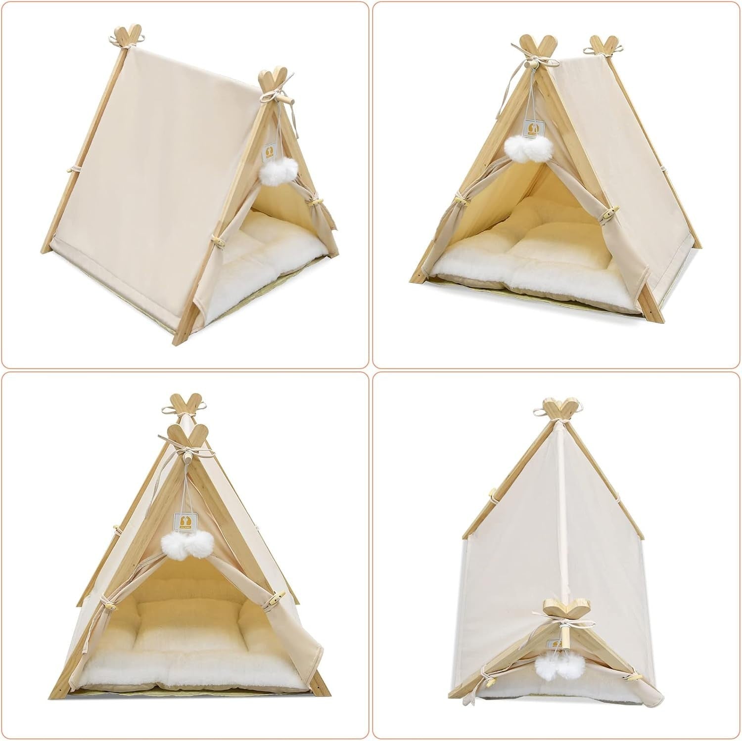 Wooden Pet Teepee Tent Cat Dog House w Cushion Indoor Shelter Beige