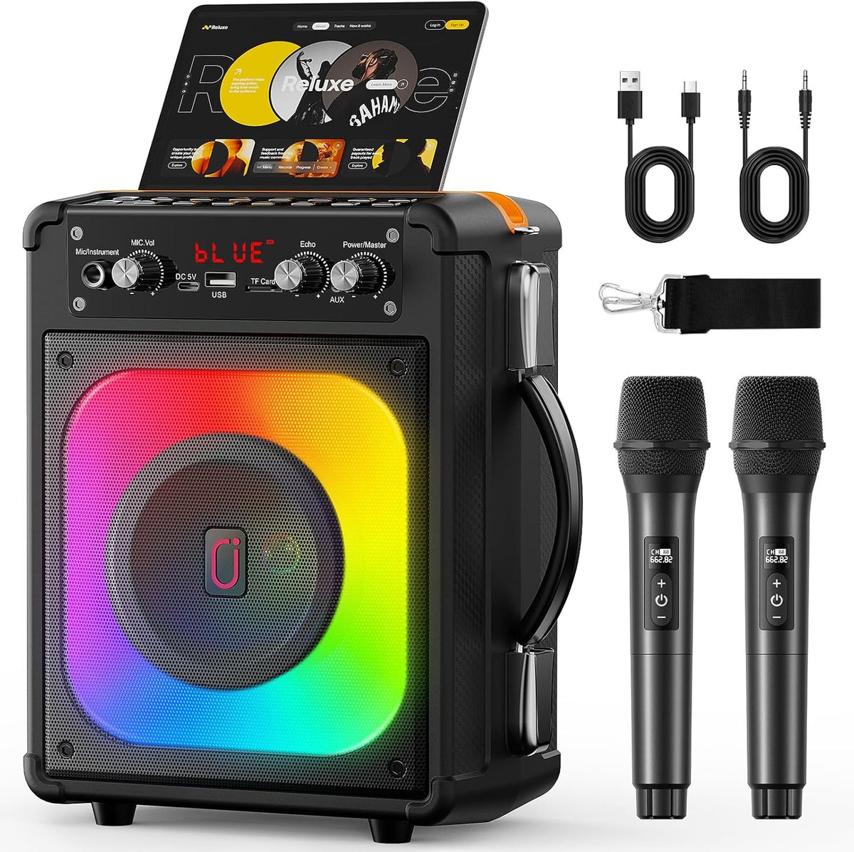 Portable Karaoke Machine 2 Wireless Mics Bluetooth PA Speaker LED