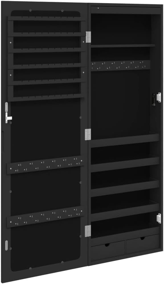 LED Wall Mounted Jewelry Cabinet Mirror Lockable Vertical Storage Black