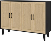 Black Buffet Storage Cabinet with Rattan Doors Adjustable Shelves Modern