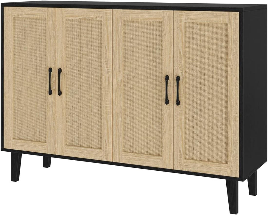 Black Buffet Storage Cabinet with Rattan Doors Adjustable Shelves Modern