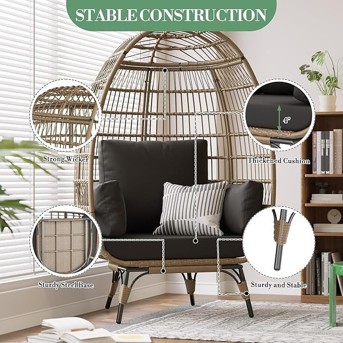 Oversized Wicker Egg Chair Outdoor Indoor Rocking Seat w/ Cushions 350lbs