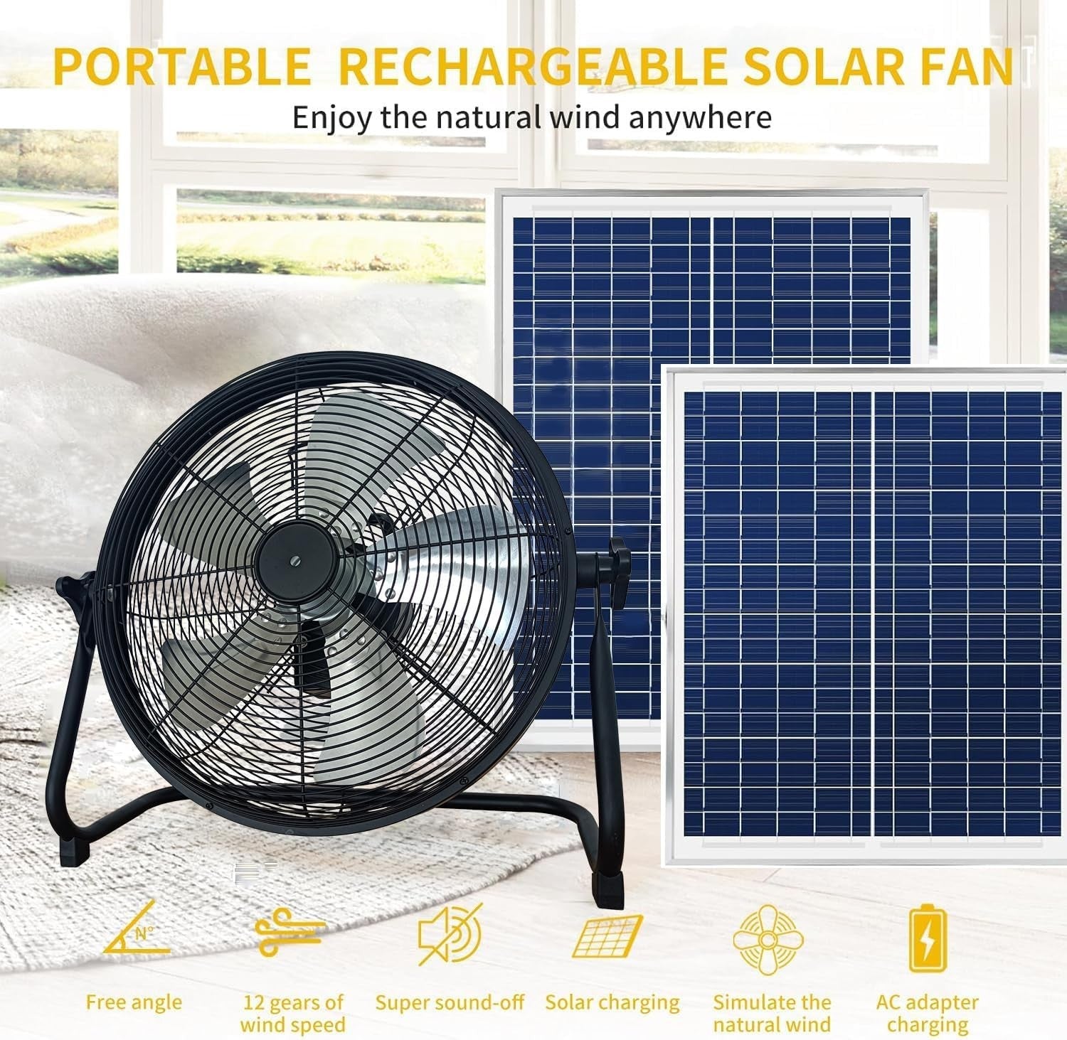 16" Solar Rechargeable Floor Fan – 12-Speed Dual Power AC/DC Cooling Fan Black