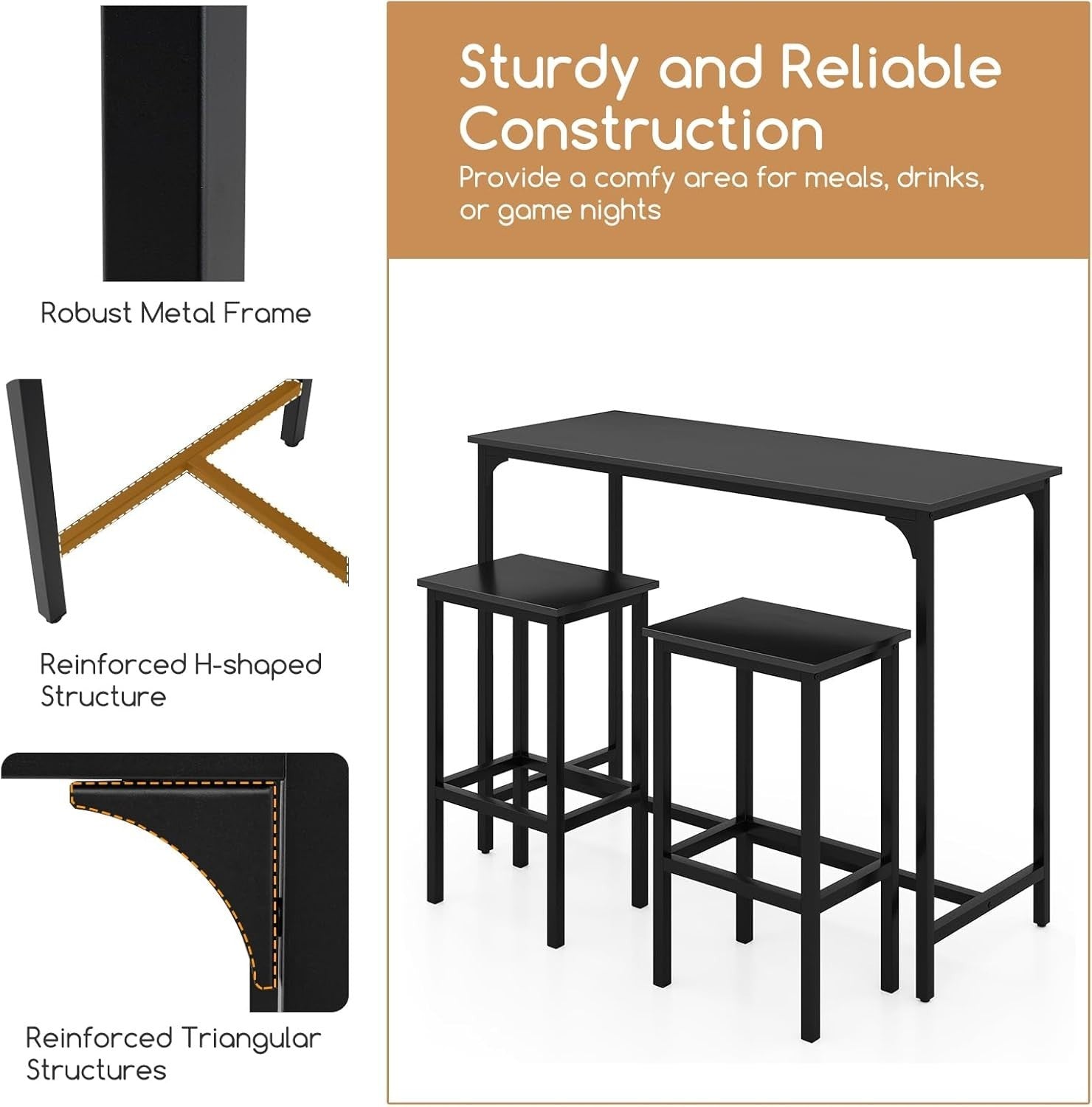 3-Piece Black Bar Table Set with 2 Stools, Metal Frame Space Saving Dining Set
