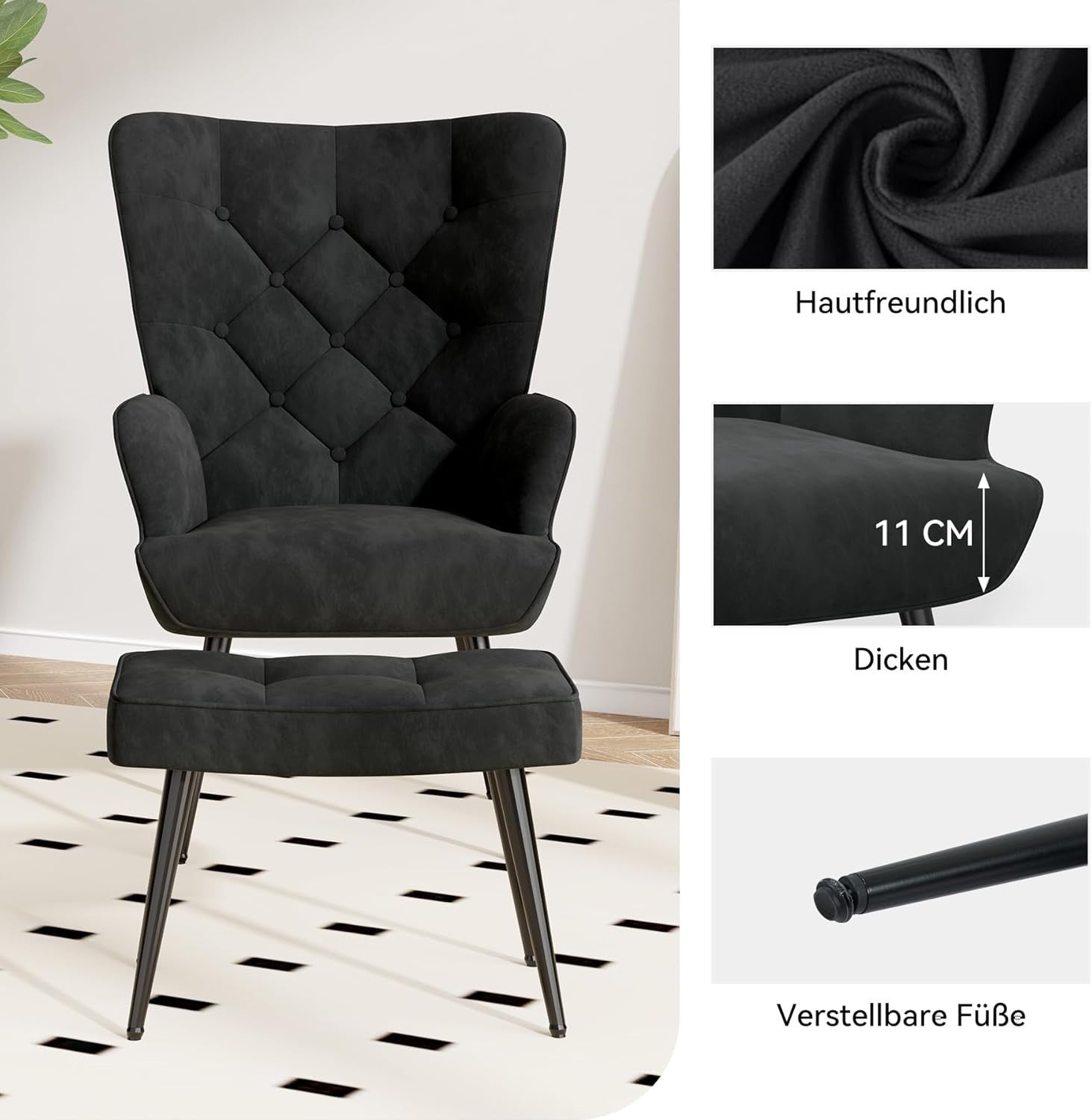 Black Velvet Wingback Chair w/ Footstool Gold Legs Accent Lounge Seat