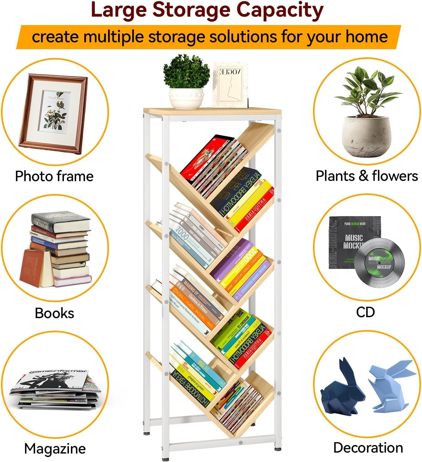 9-Tier Tree Bookshelf Wooden Floor Standing Corner Bookcase Narrow Space