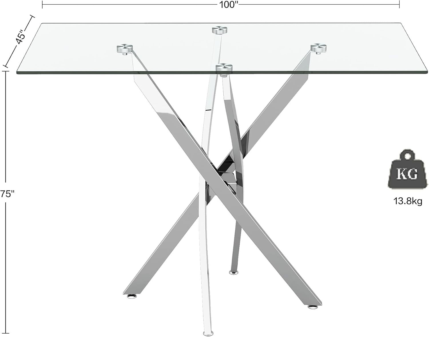 Modern Slim Glass Console Table 100cm, Silver Metal Legs for Hallway