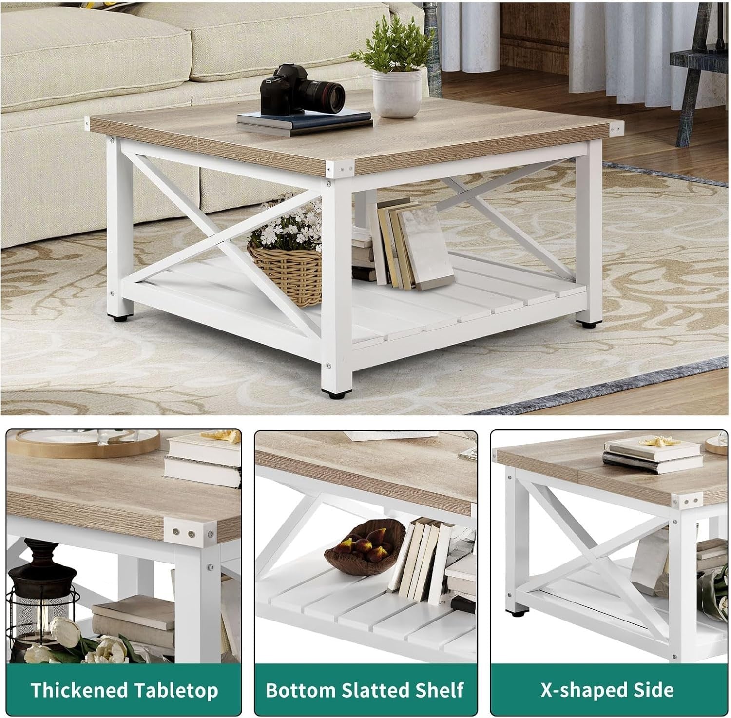 Rustic Grey Square Coffee Table 80cm Farmhouse Wood Storage Living Room