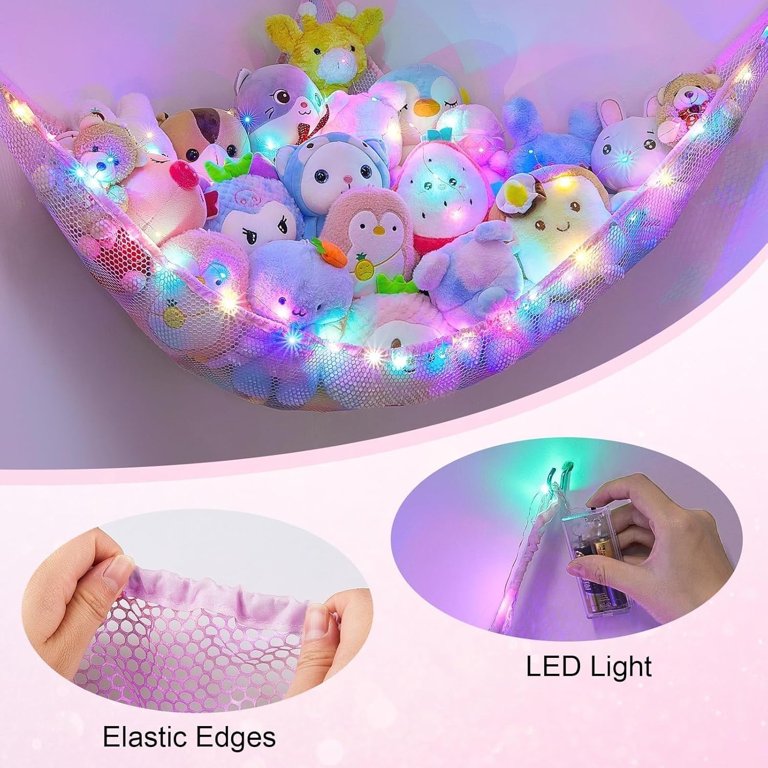 LED Toy Hammock Corner Net Storage – Kids Stuffed Animal Organizer