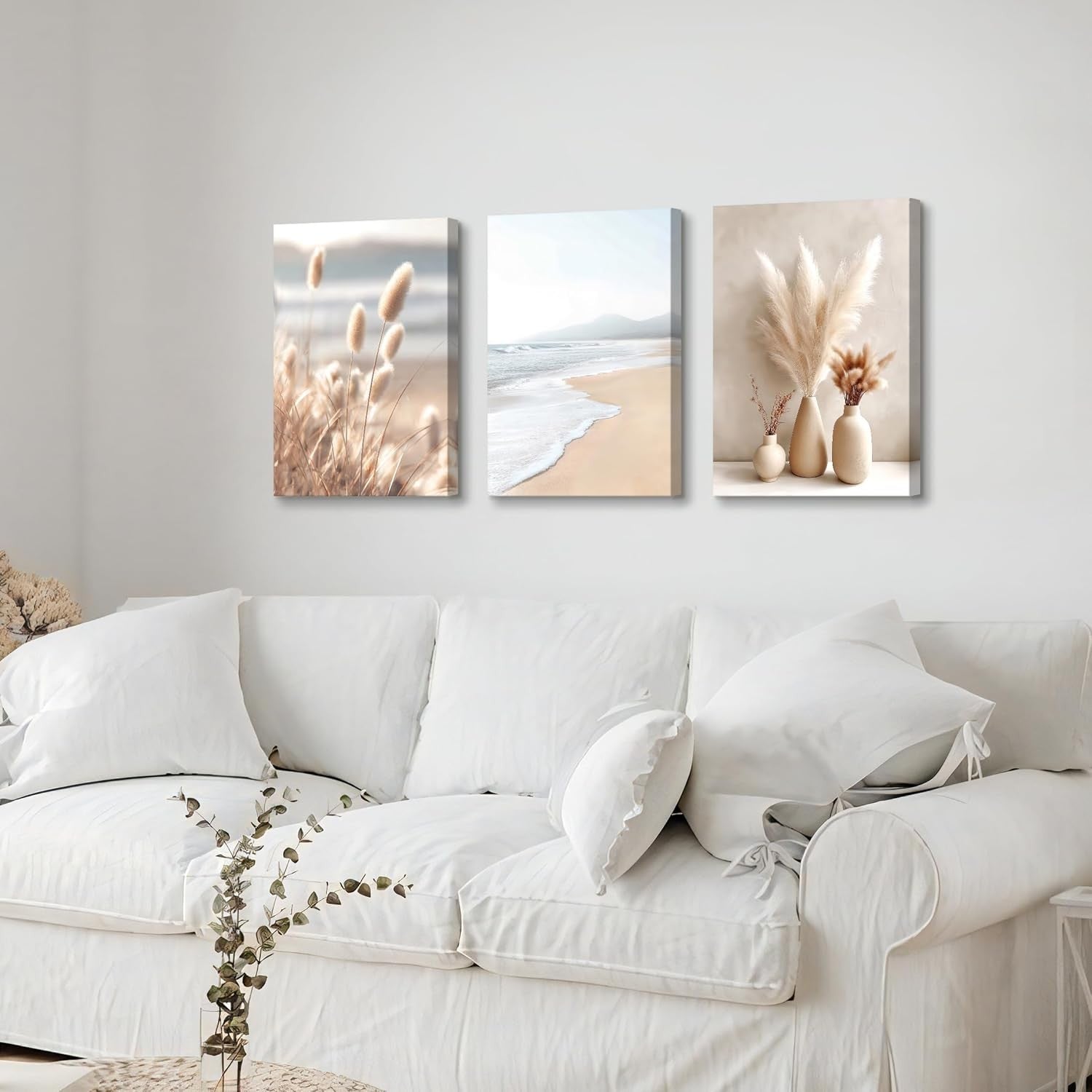 Boho Pampas Grass Canvas Wall Art 40x60 cm Set of 3 Framed Prints