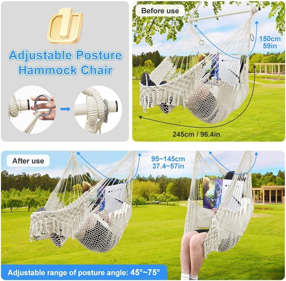 Beige Hammock Chair with Footrest & Cushions – Indoor Outdoor Swing Seat