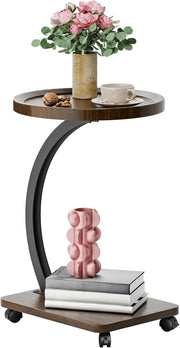 2-Tier C-Shaped Side Table with Casters Modern Small Sofa Bed Tray Table