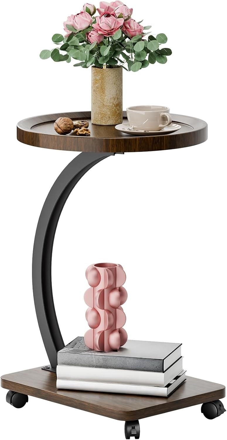 2-Tier C-Shaped Side Table with Casters Modern Small Sofa Bed Tray Table