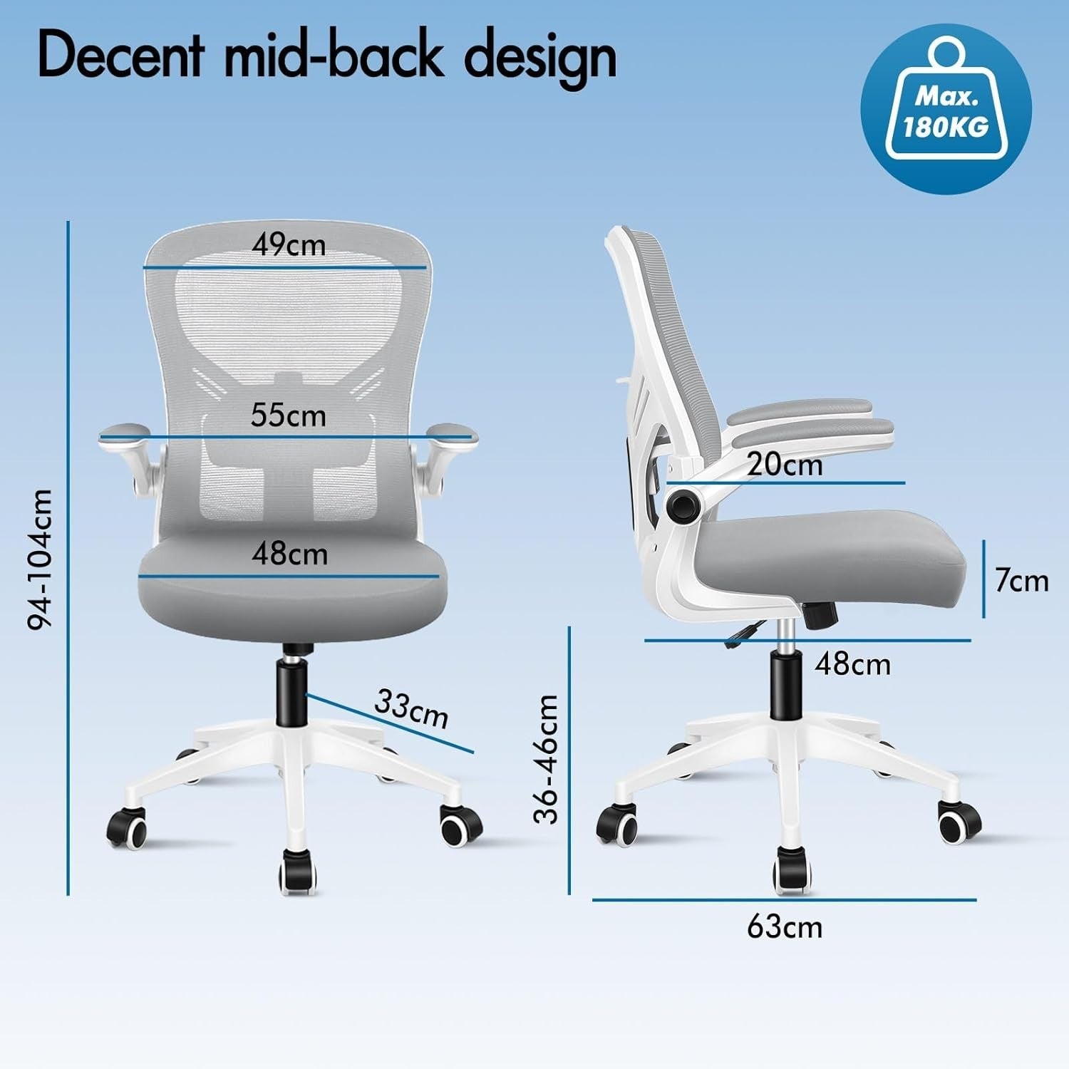 Ergonomic Mesh Office Chair Flip-Up Arms Lumbar Support Mid-Back Desk Seat